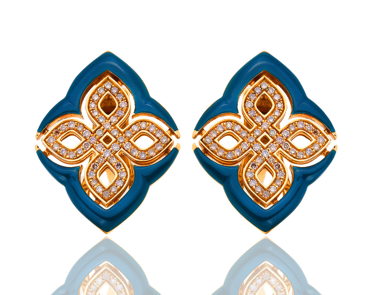 Золотые серьги с эмалями и коньячными бриллиантами 0.55ct 290119/8 Золотые серьги с эмалями и коньячными бриллиантами 0.55ct 290119/8