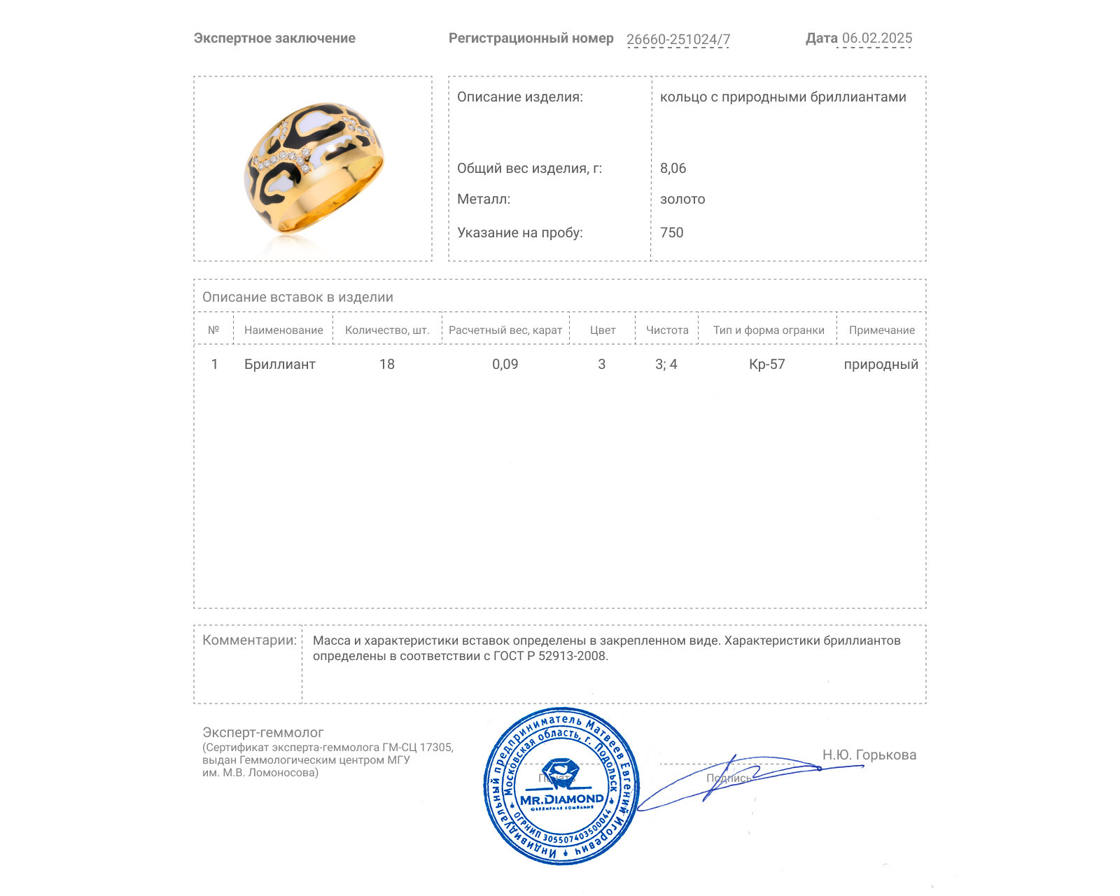 Золотое кольцо с эмалью и бриллиантами 0.09ct