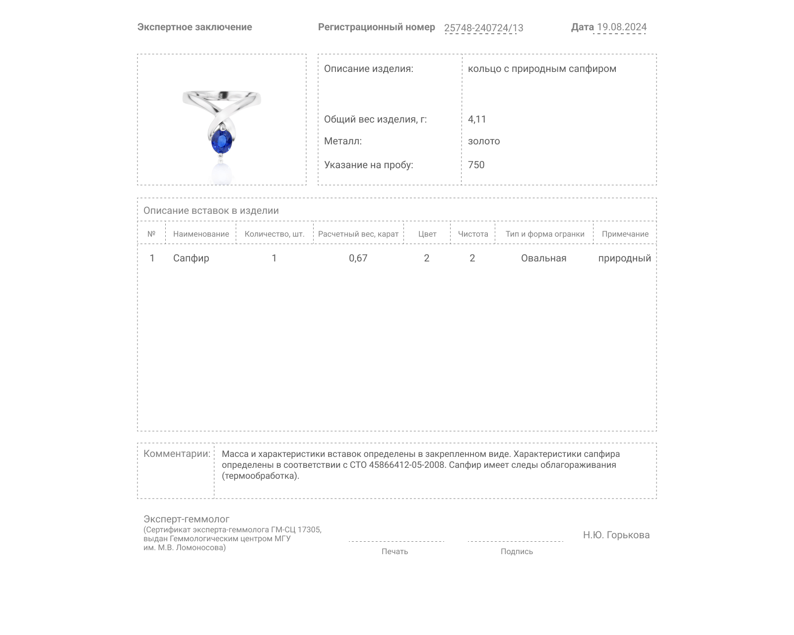 Золотое кольцо с сапфиром 0.67ct