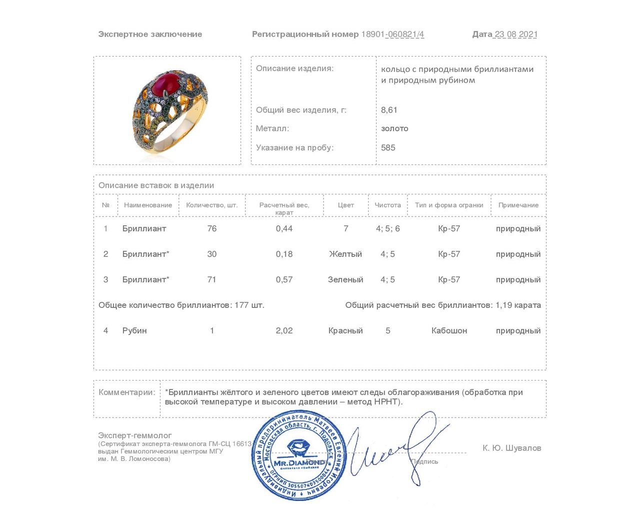 Роскошное золотое кольцо с рубином 2.02ct