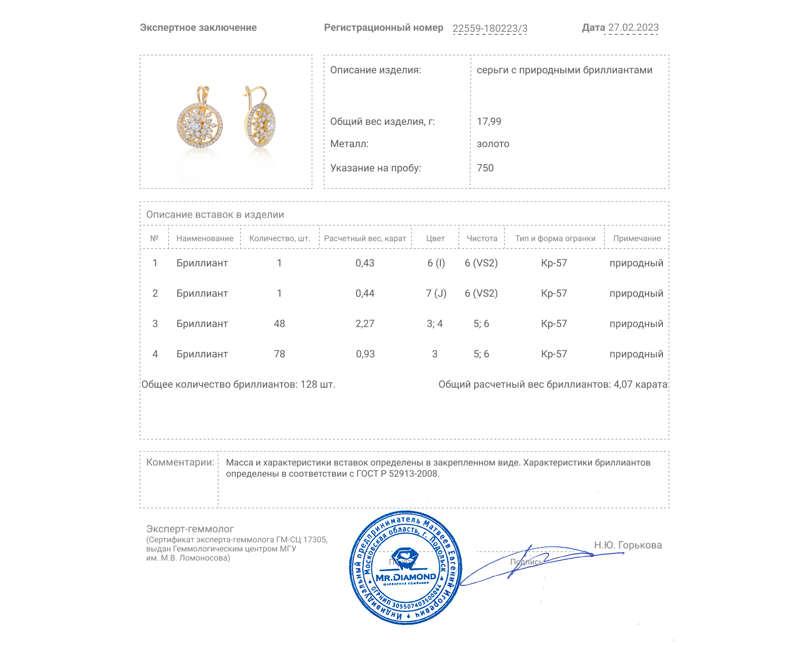 Потрясающие золотые серьги с бриллиантами 4.07ct