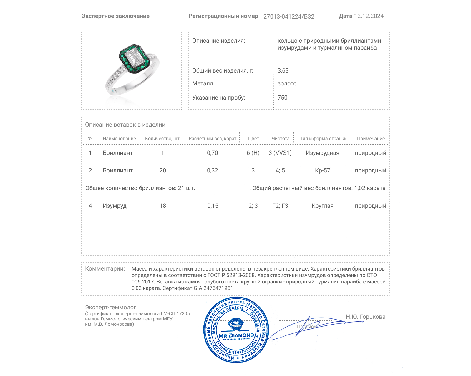 Золотое кольцо с бриллиантами 1.02ct Evgeny Matveev