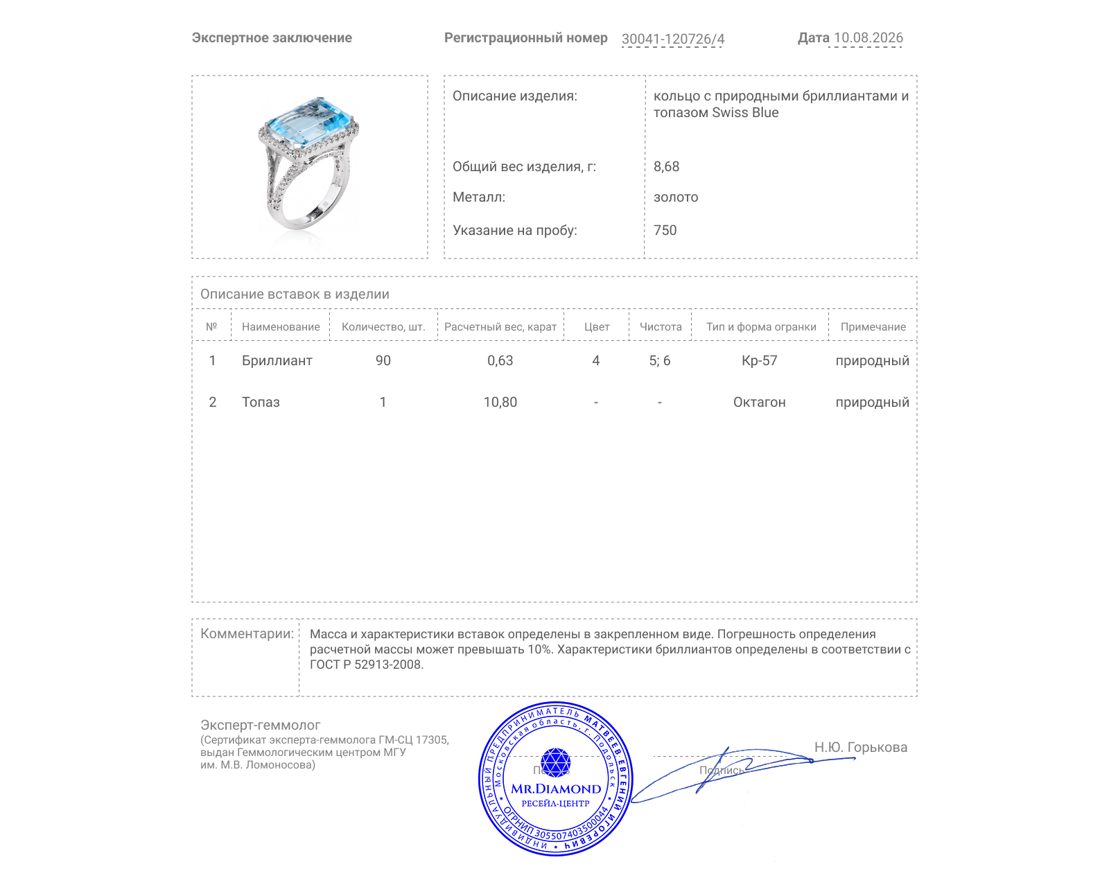 Золотое кольцо с топазом 10.80ct и бриллиантами 0.63ct