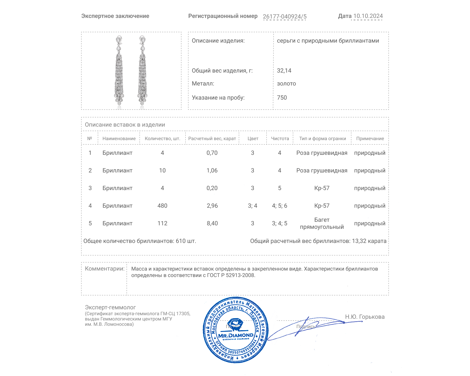 Золотые серьги с бриллиантами 13.32ct