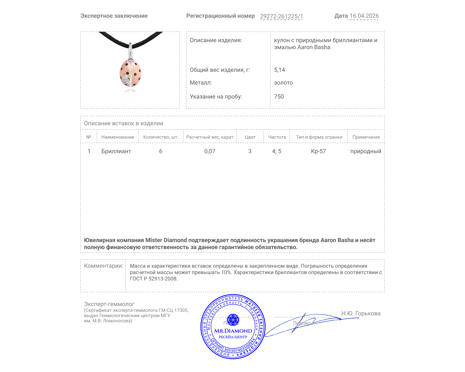 Оригинальный золотой кулон с бриллиантами 0.07ct Aaron Basha Ladybug