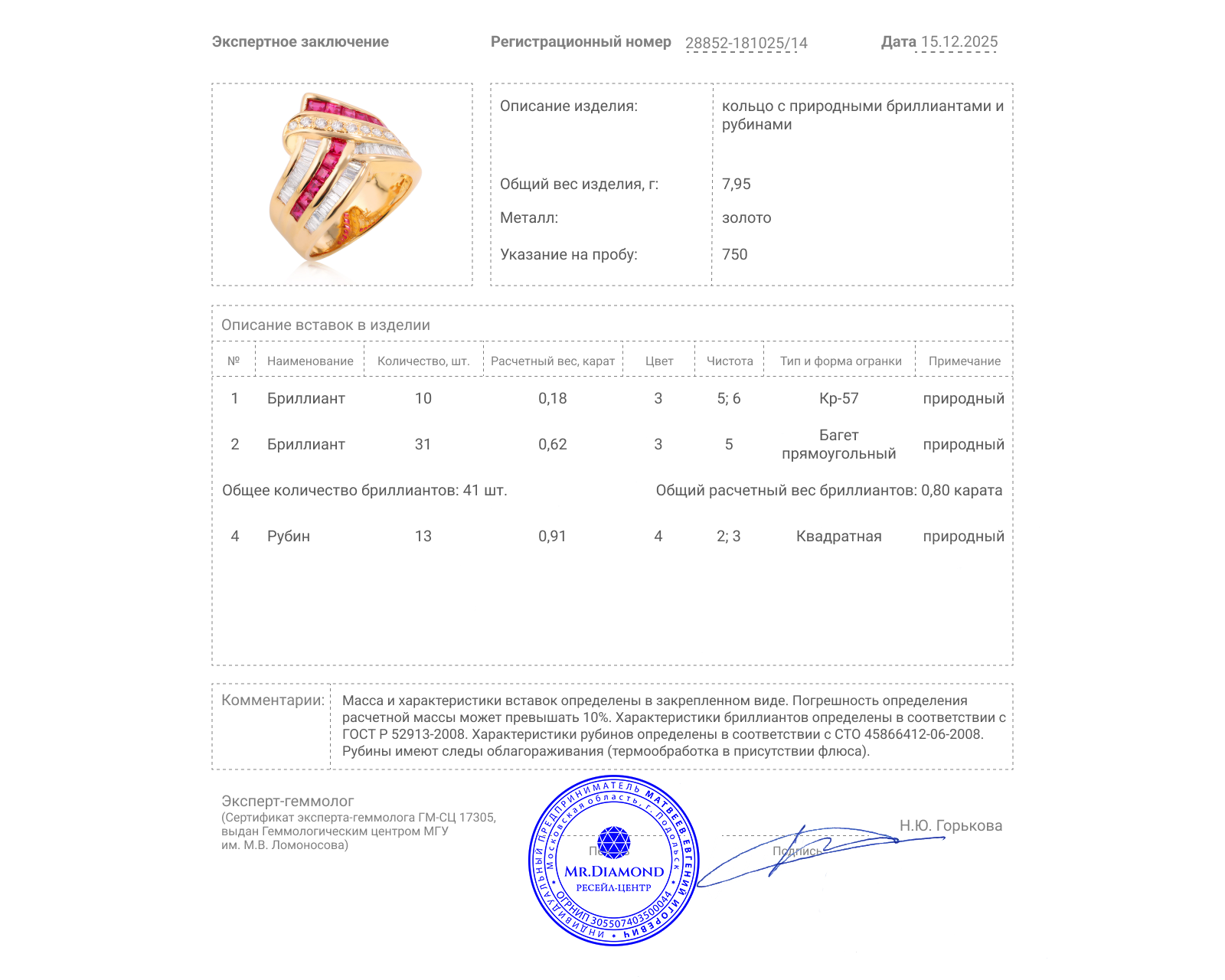 Золотое кольцо с рубинами 0.91ct и бриллиантами 0.80ct