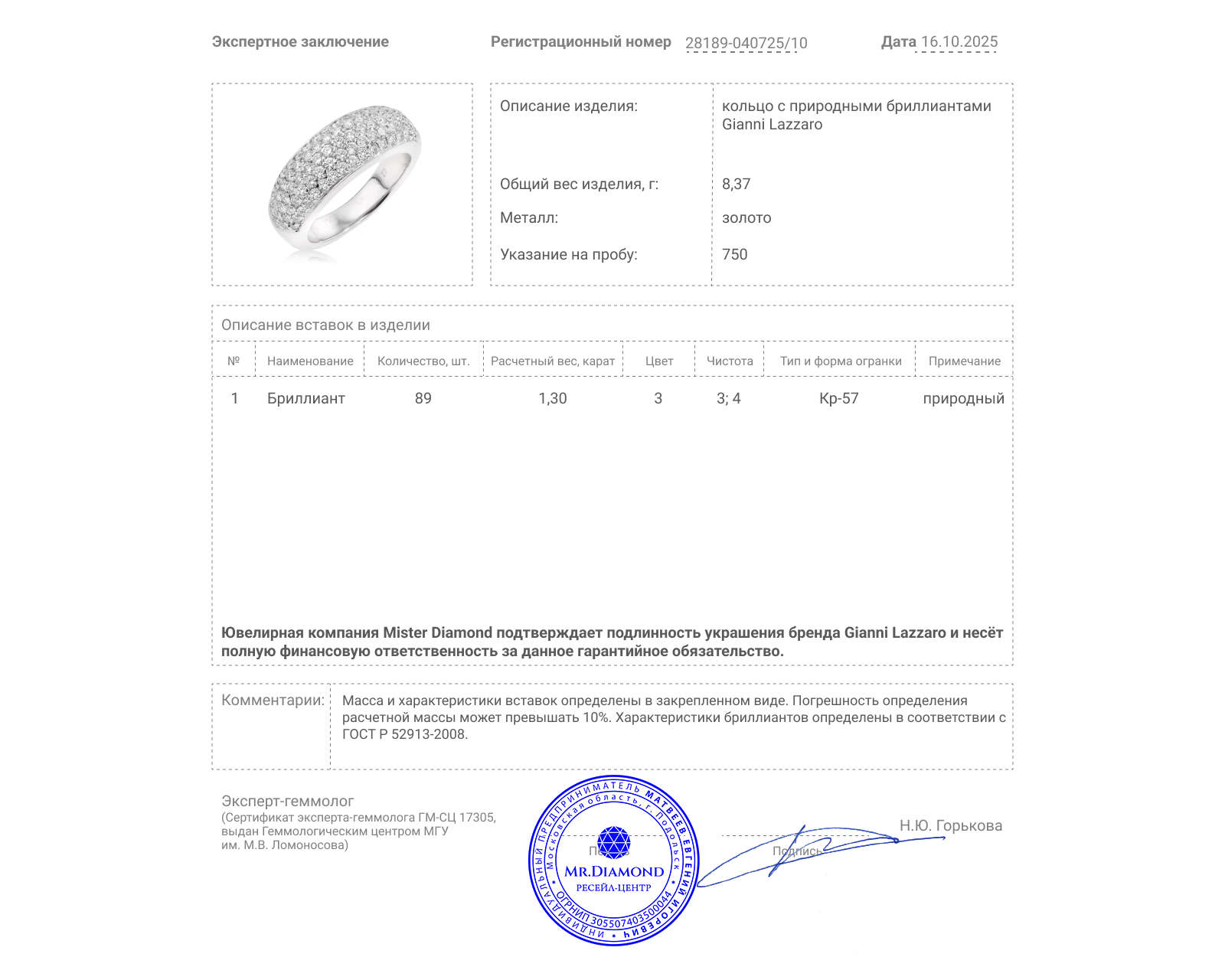 Оригинальное золотое кольцо с бриллиантами 1.30ct Gianni Lazzaro