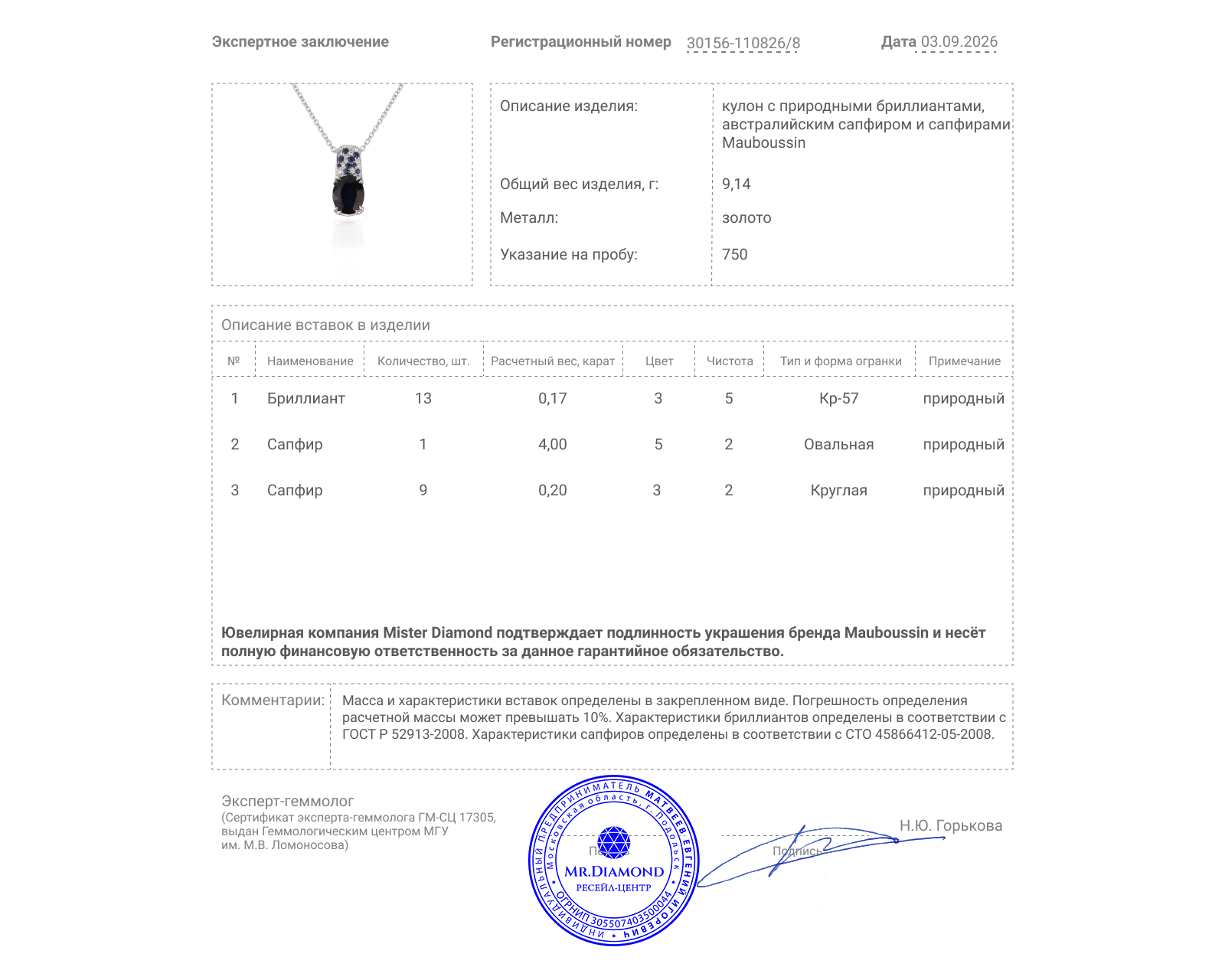 Оригинальный золотой кулон с сапфиром 4.00ct Mauboussin Bague Saphir d'Amour