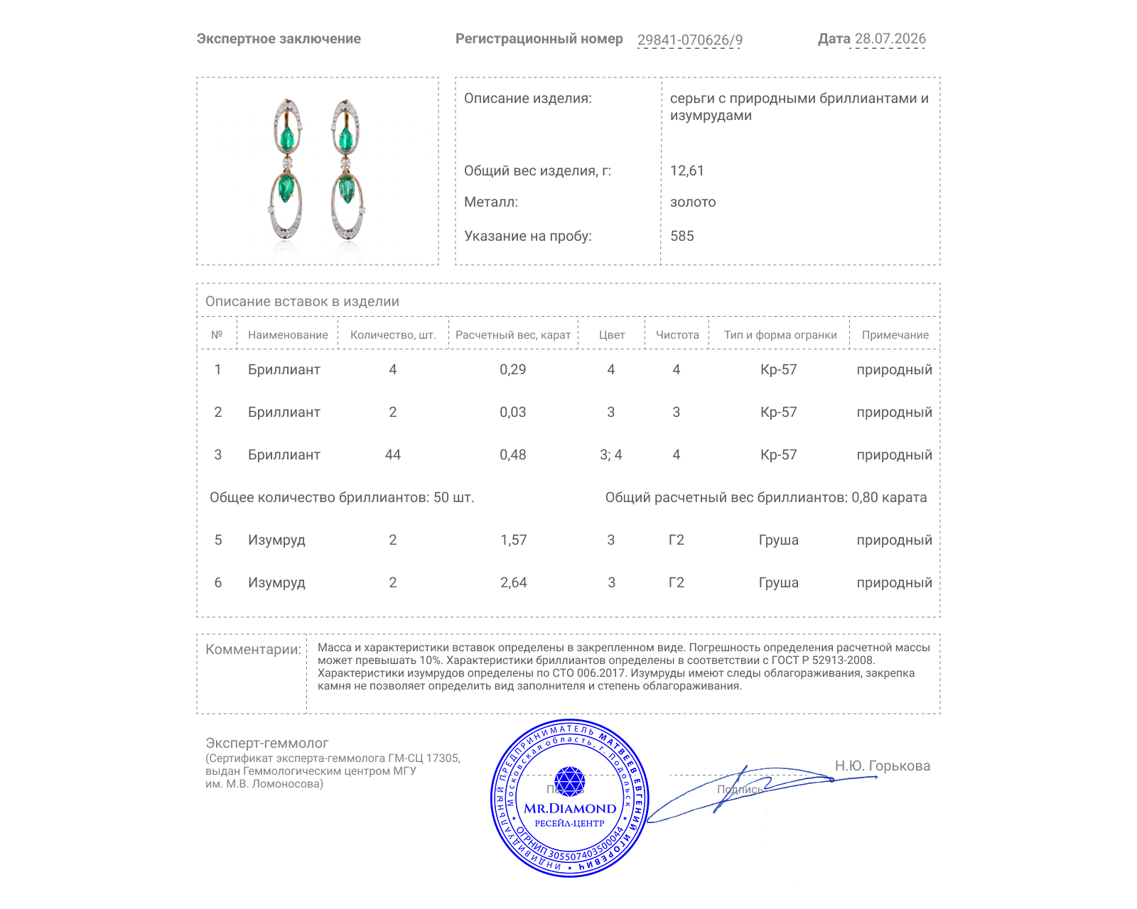 Золотые серьги с изумрудами 4.21ct и бриллиантами 0.80ct