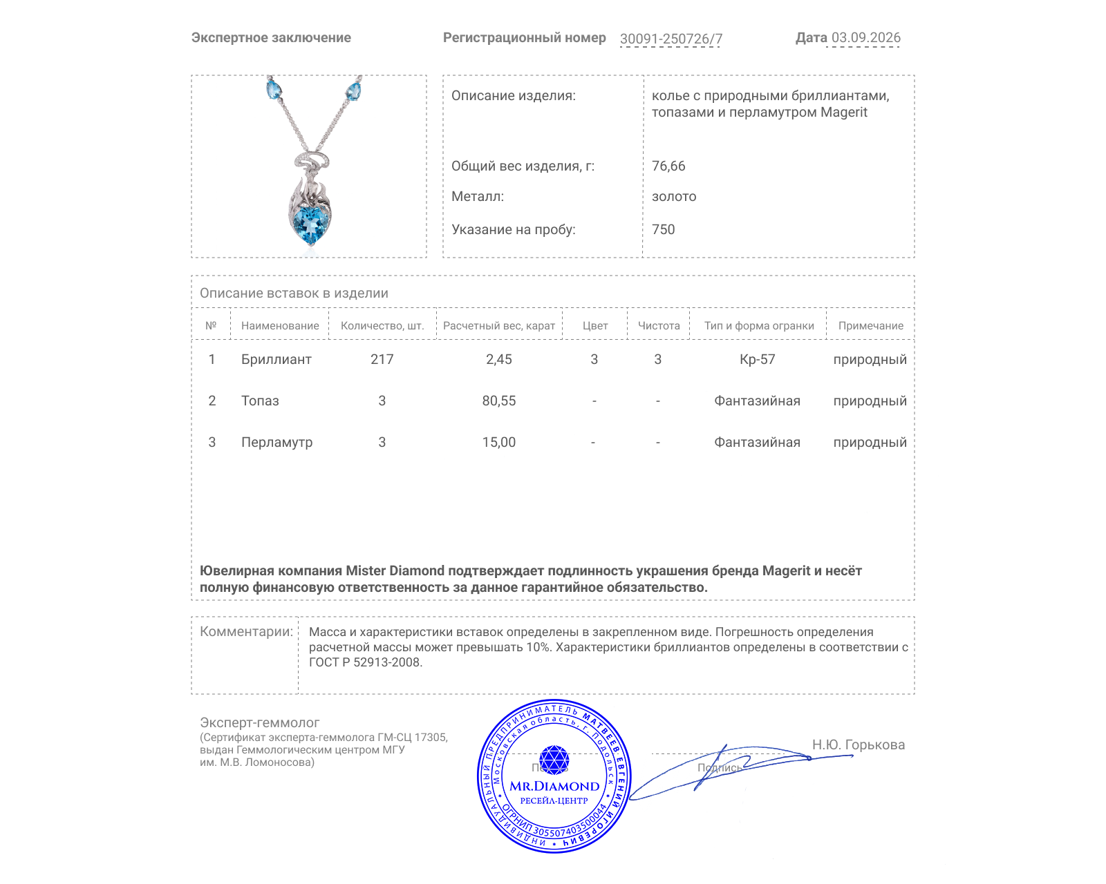 Оригинальное золотое колье с топазами 80.55ct Magerit Atlantis Sirena Ola