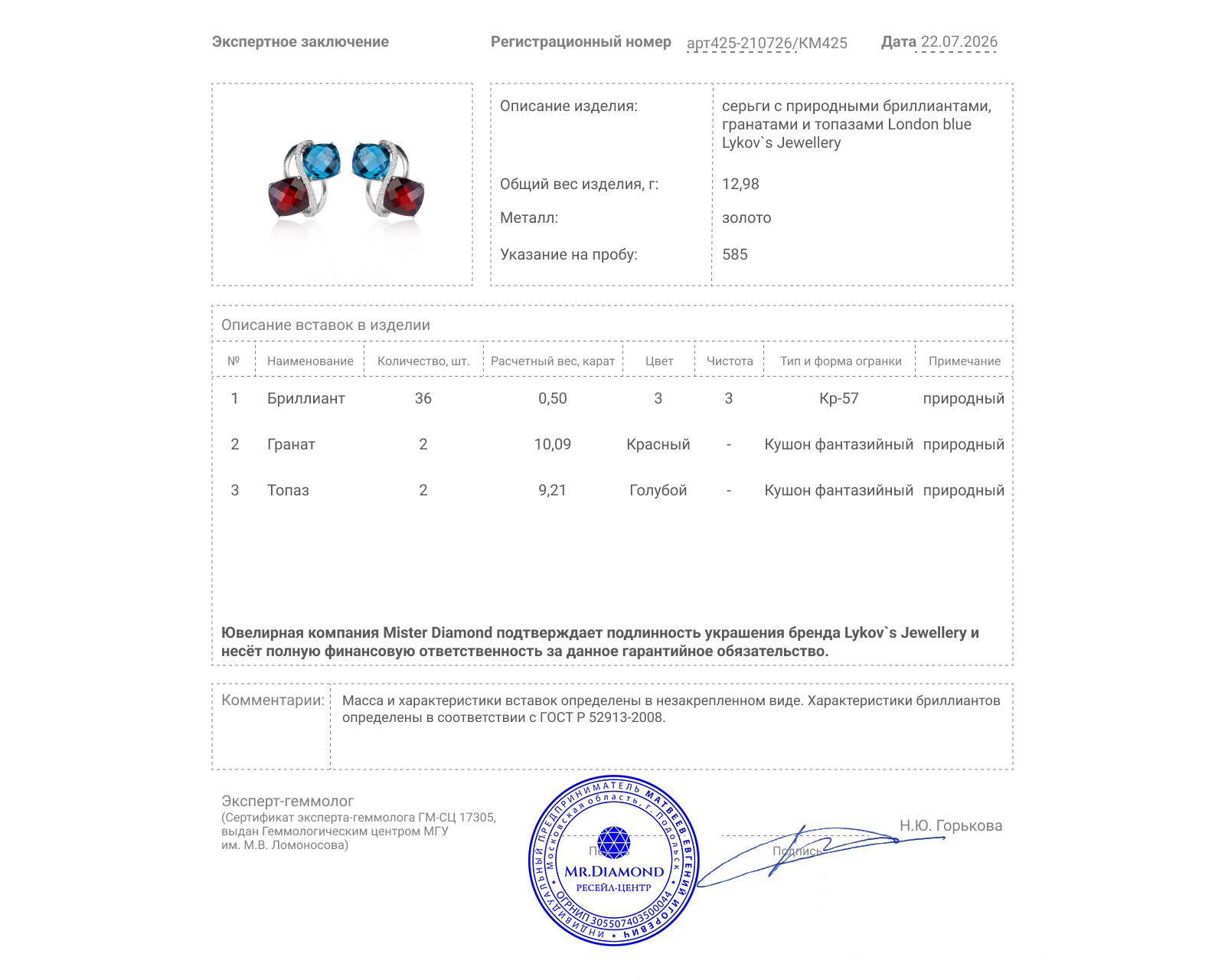 Оригинальные золотые серьги с гранатами 10.09ct и топазами 9.21ct Lykov`s Jewellery