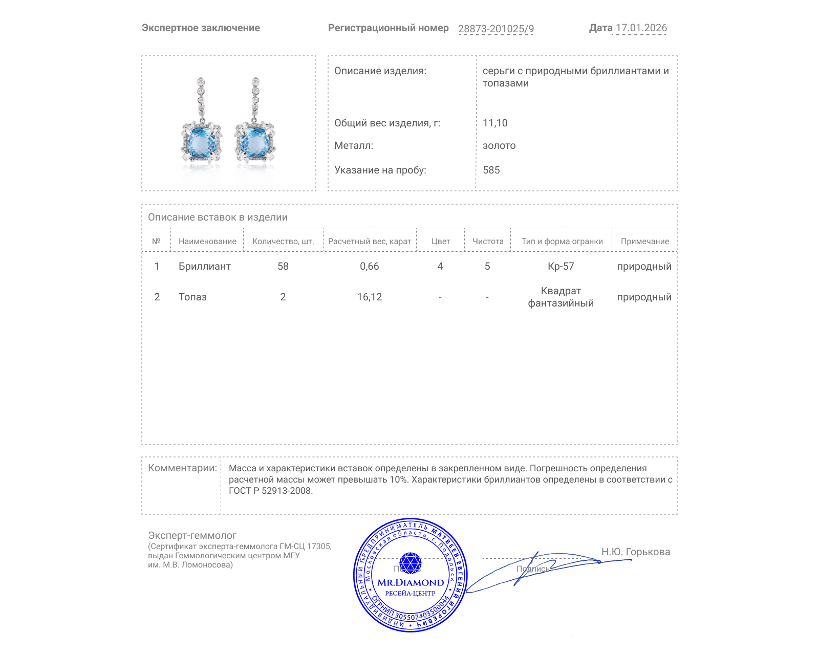 Золотые серьги с топазами 16.12ct и бриллиантами 0.66ct