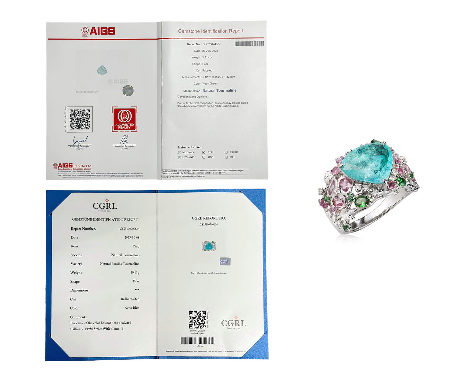 Платиновое кольцо с турмалином параиба 3.91ct