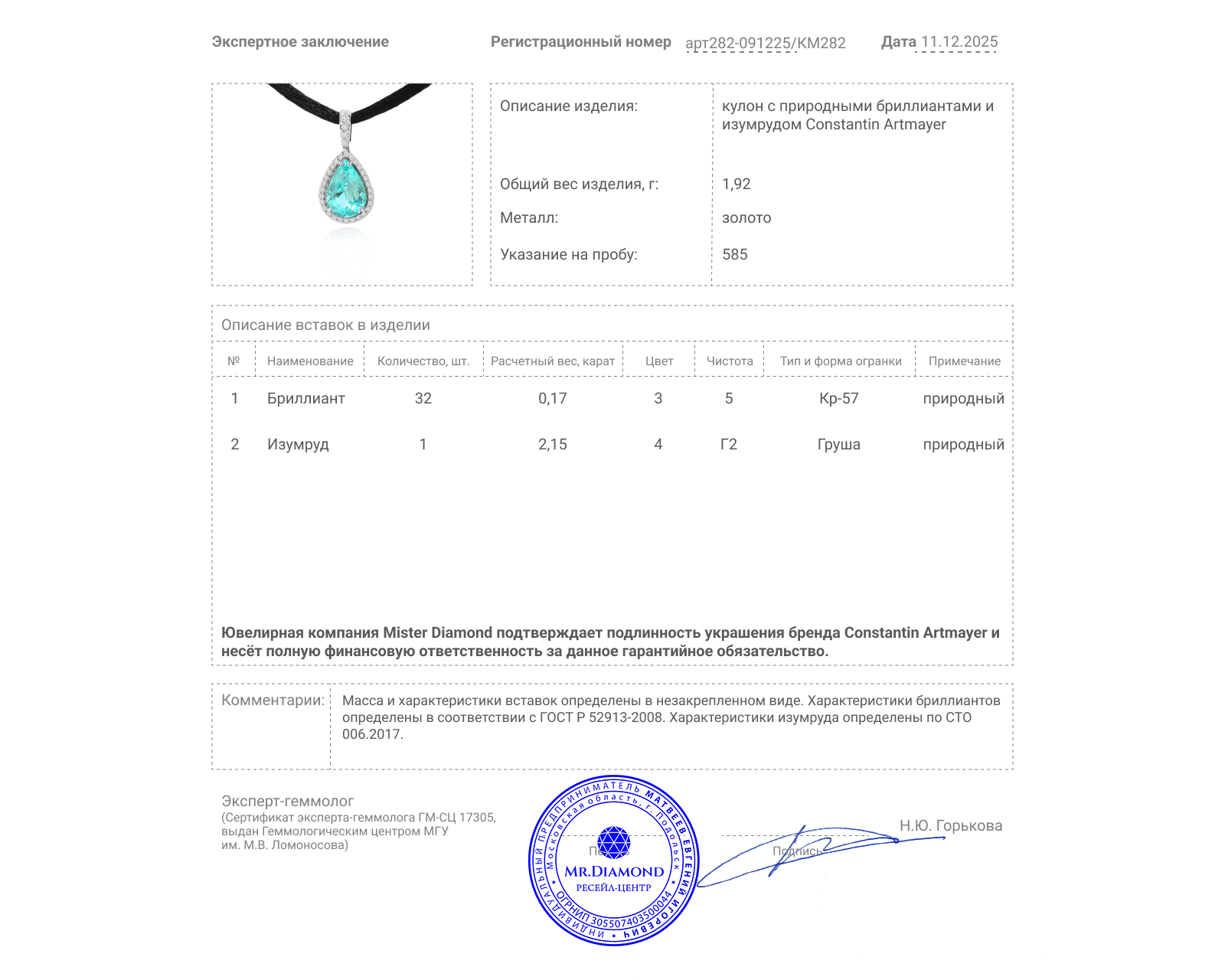 Оригинальный золотой кулон с изумрудом 2.15ct Constantin Artmayer