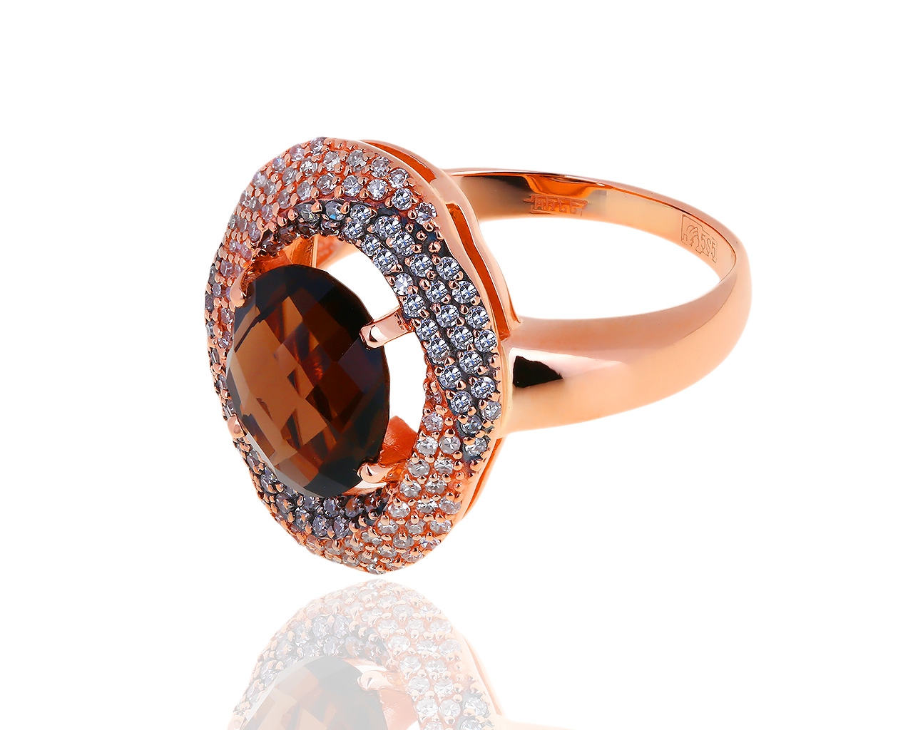 Золотое кольцо с дымчатым кварцем и бриллиантами 0.50ct 