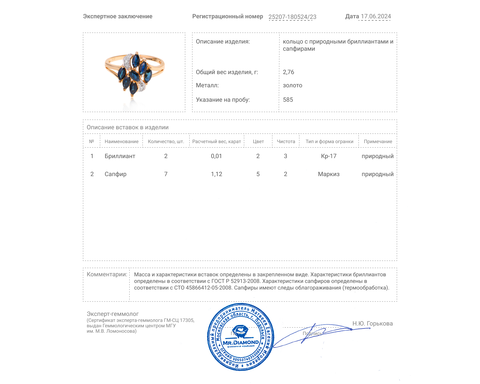 Золотое кольцо с сапфирами 1.12ct и бриллиантами 0.01ct