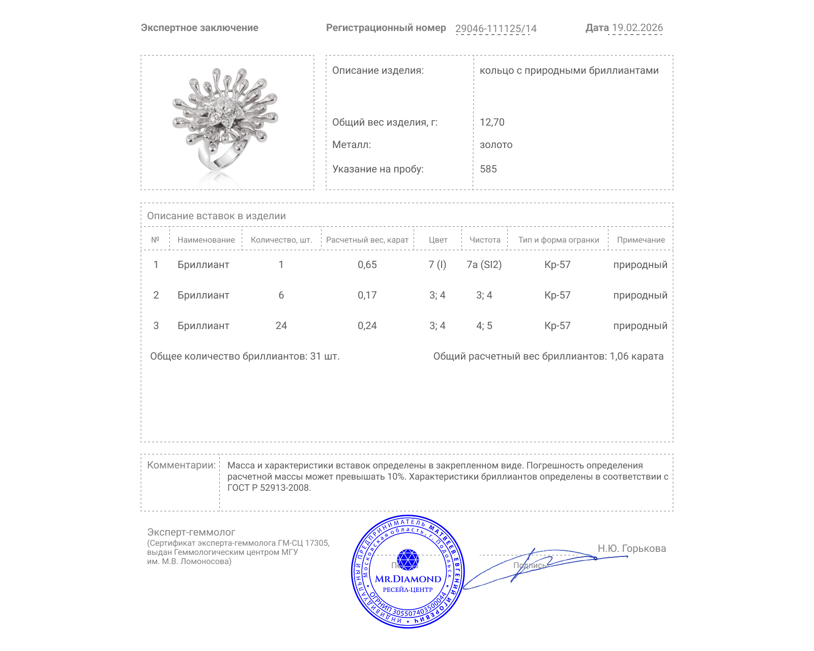 Золотое кольцо с бриллиантами 1.06ct