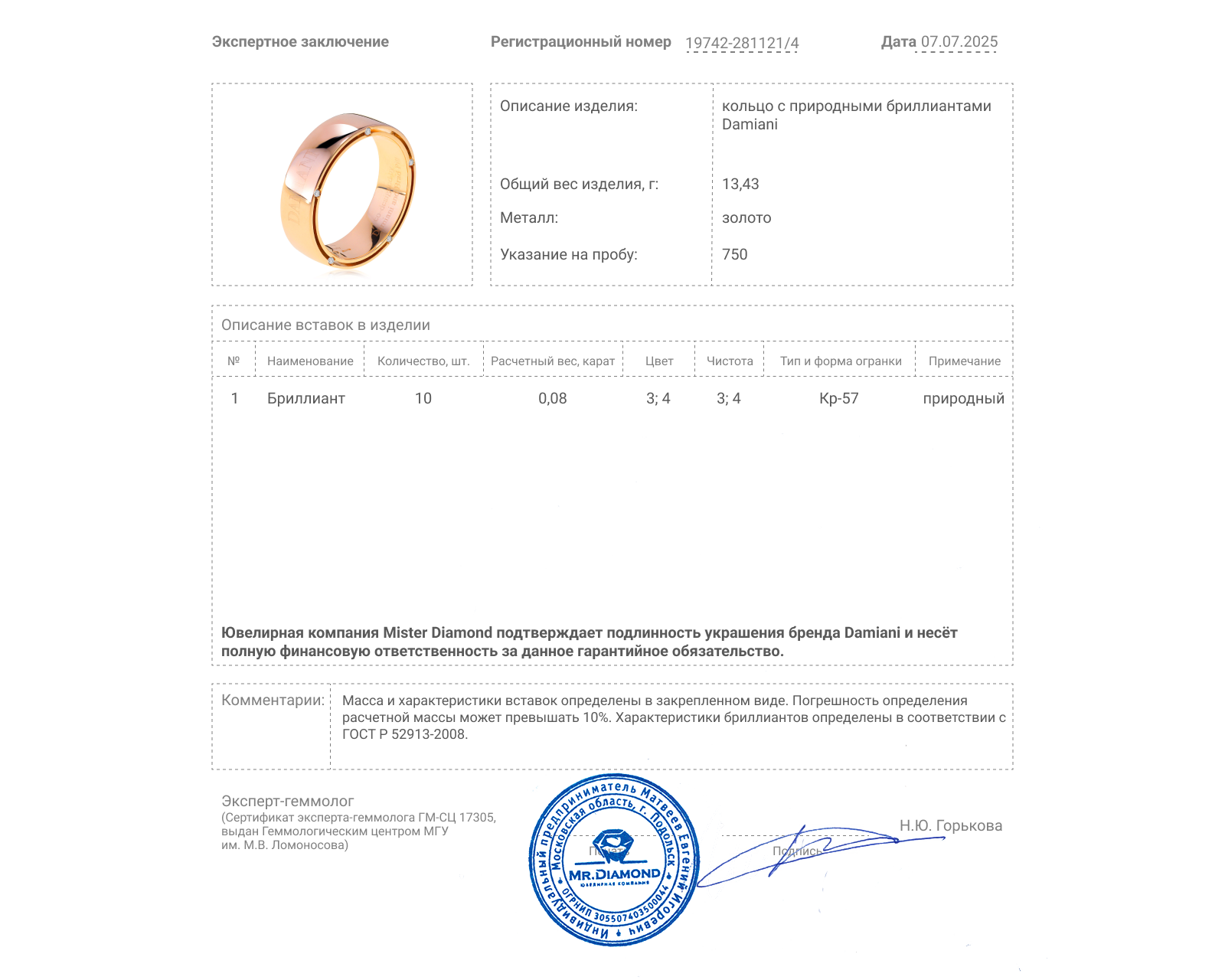 Оригинальное золотое кольцо Damiani D.Side