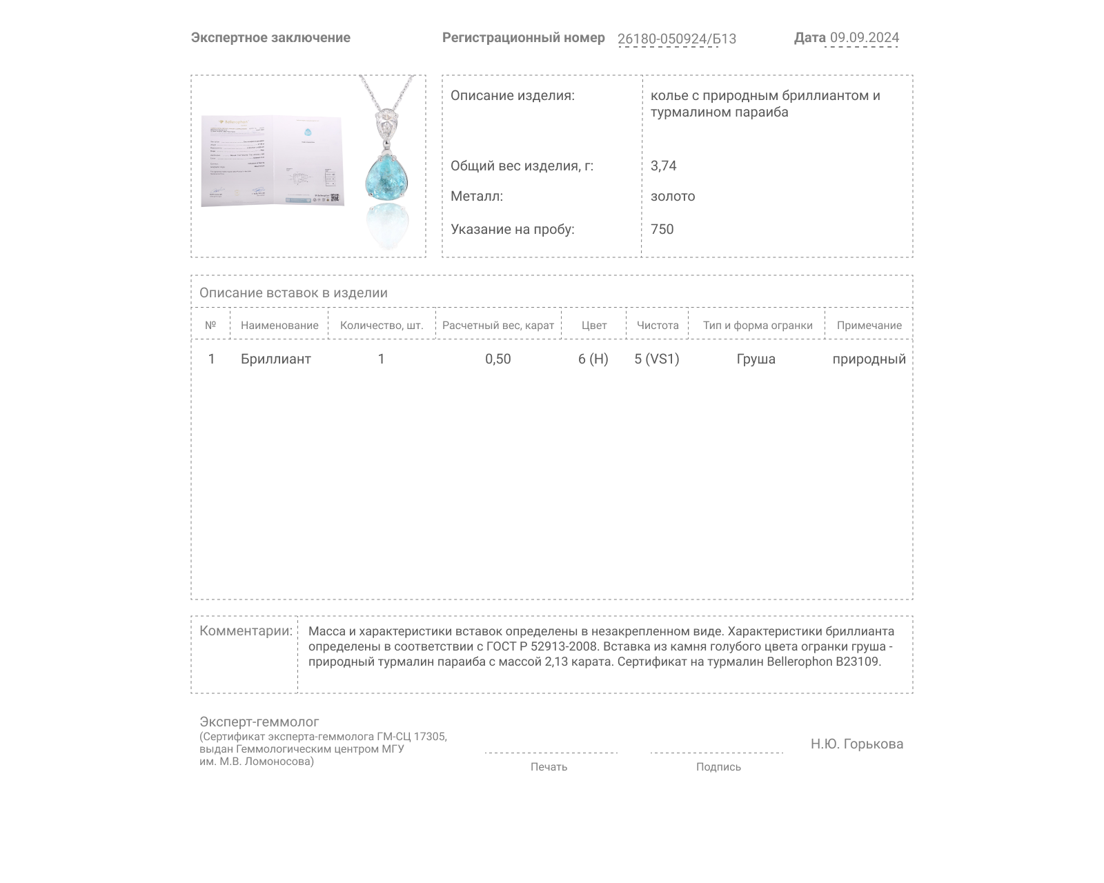 Золотое колье с турмалином параиба 2.13ct Evgeny Matveev