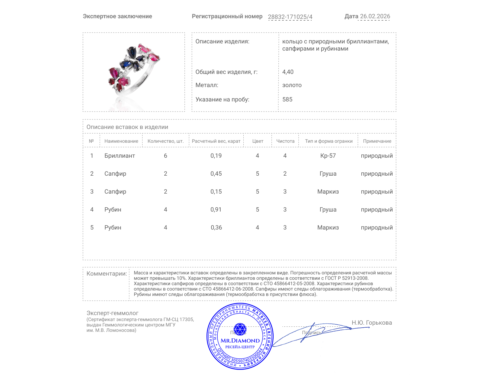 Золотое кольцо с сапфирами 0.60ct и рубинами 1.27ct