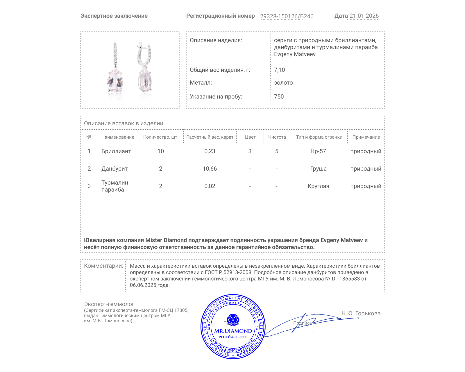 Золотые серьги с данбуритами 10.66ct Evgeny Matveev