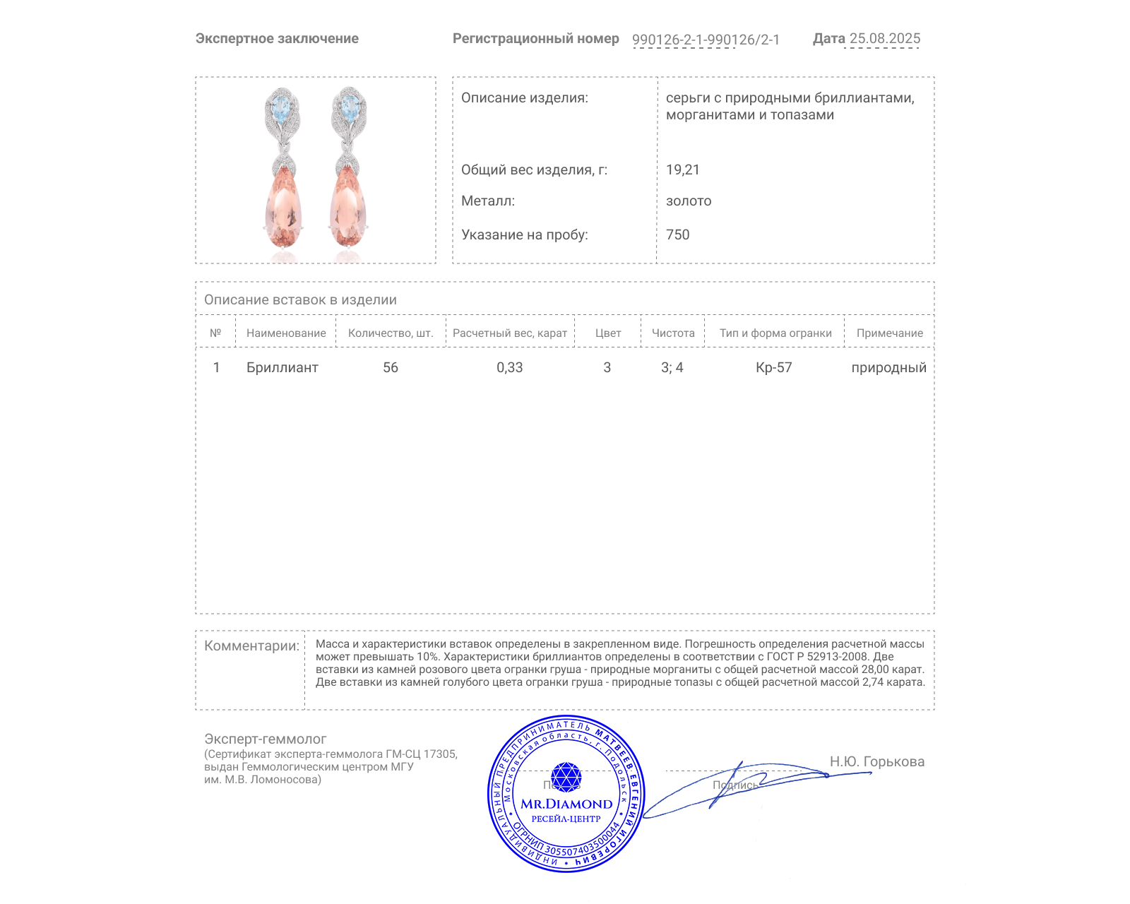 Золотые серьги с морганитами 28.00ct и топазами 2.74ct
