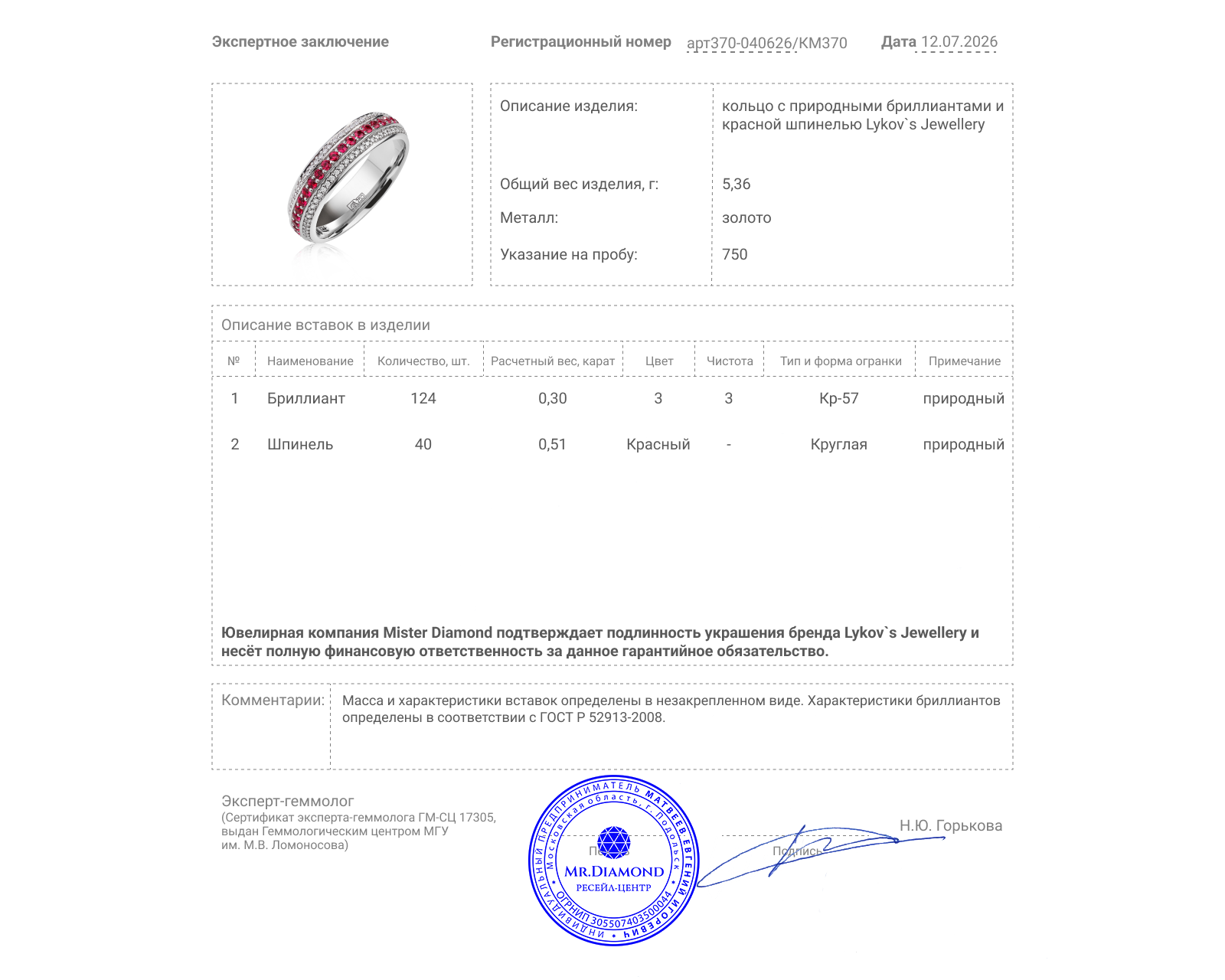 Оригинальное золотое кольцо с красной шпинелью 0.51ct Lykov`s Jewellery