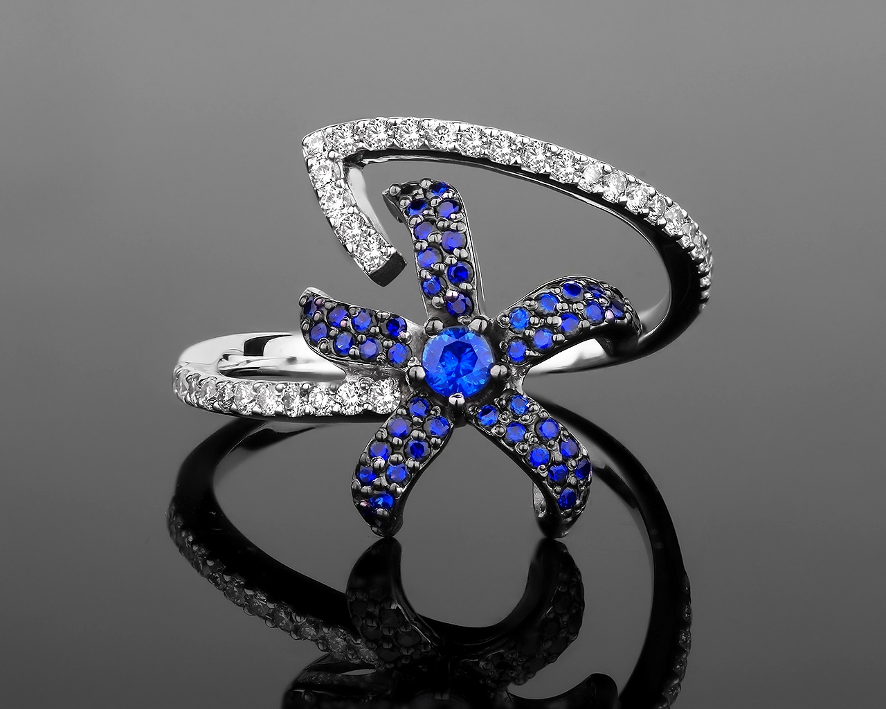 Золотое кольцо с бриллиантами 0.35ct и сапфирами 0.37ct 040118/5