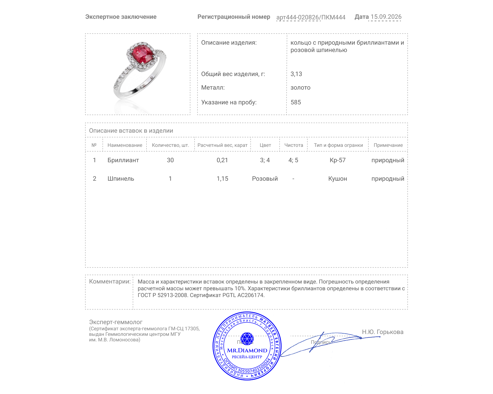 Золотое кольцо со шпинелью 1.15ct и бриллиантами 0.21ct
