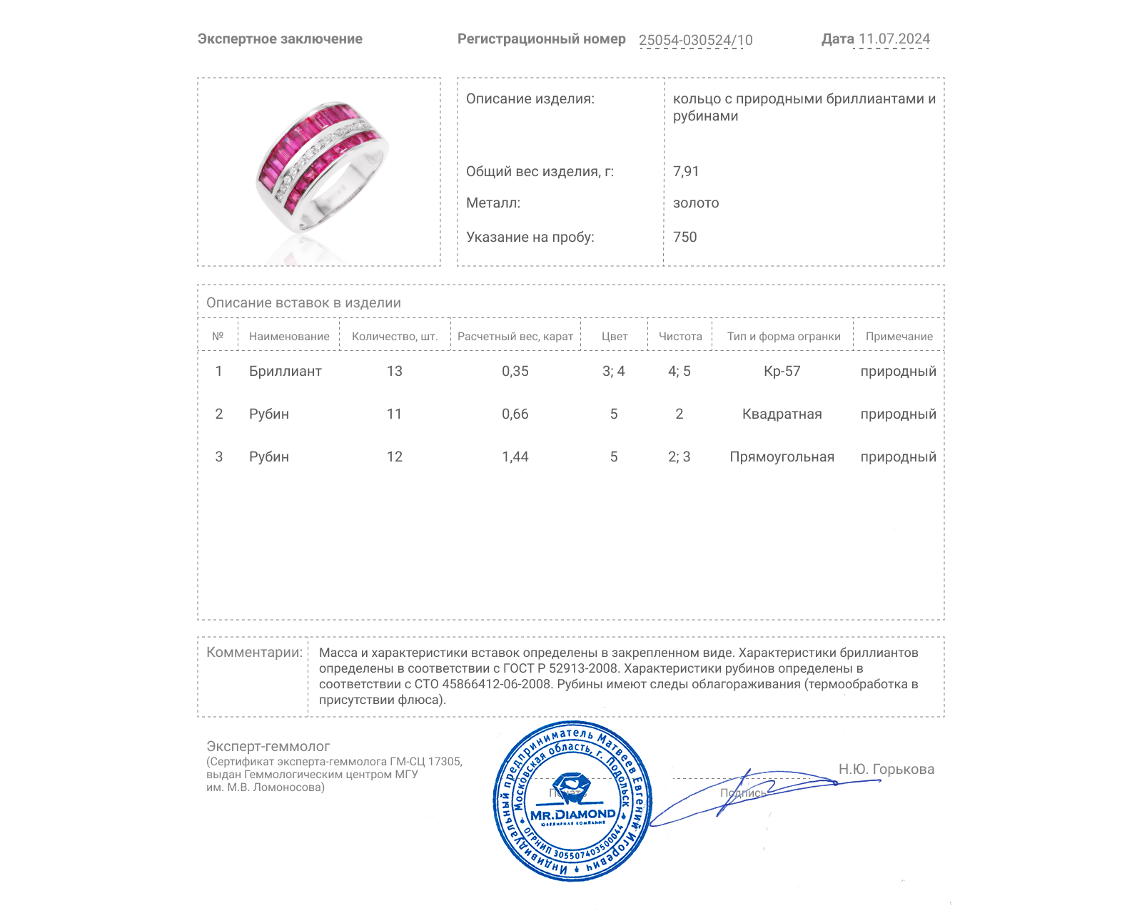 Золотое кольцо с рубинами 2.10ct и бриллиантами 0.32ct