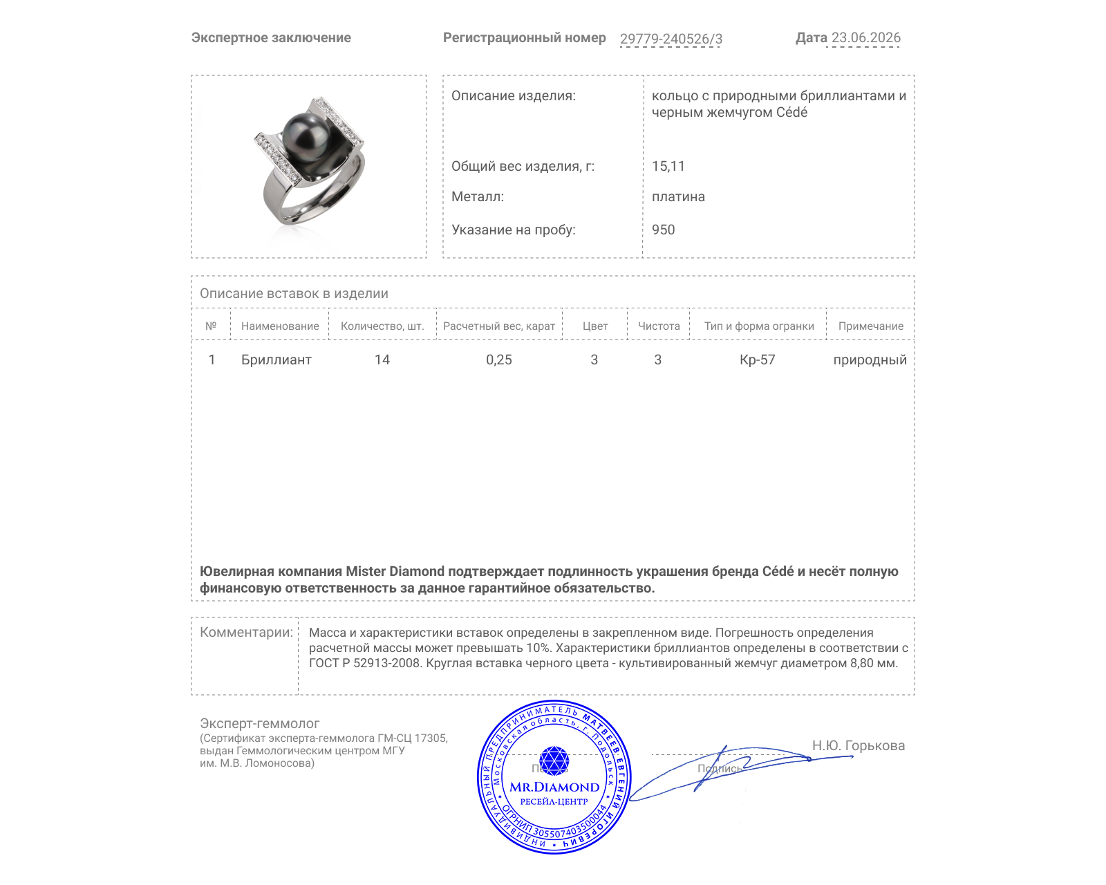 Оригинальное платиновое кольцо c бриллиантами 0.25ct Cédé