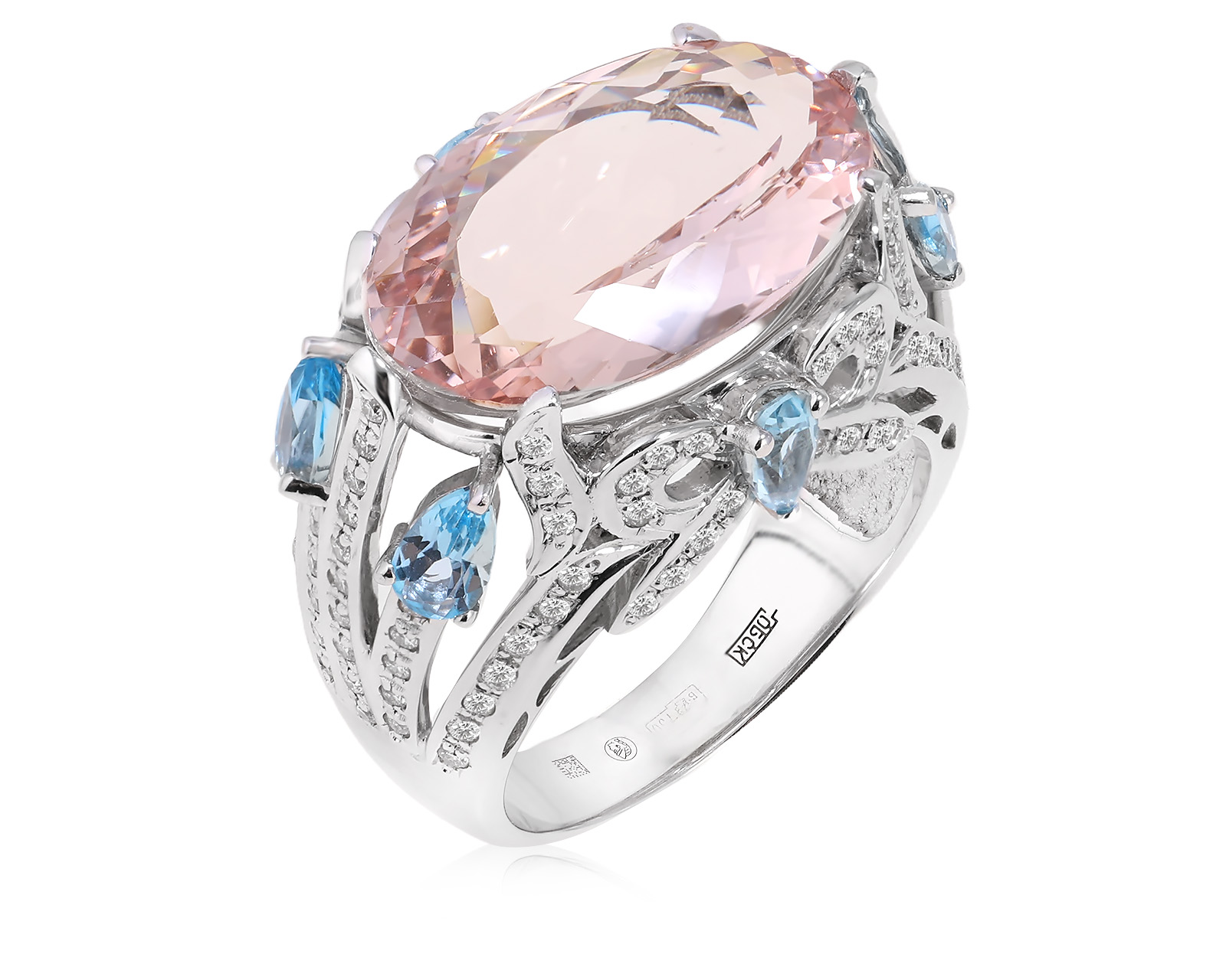 Золотое кольцо с морганитом 7.40ct и топазами 1.20ct 990126/1
