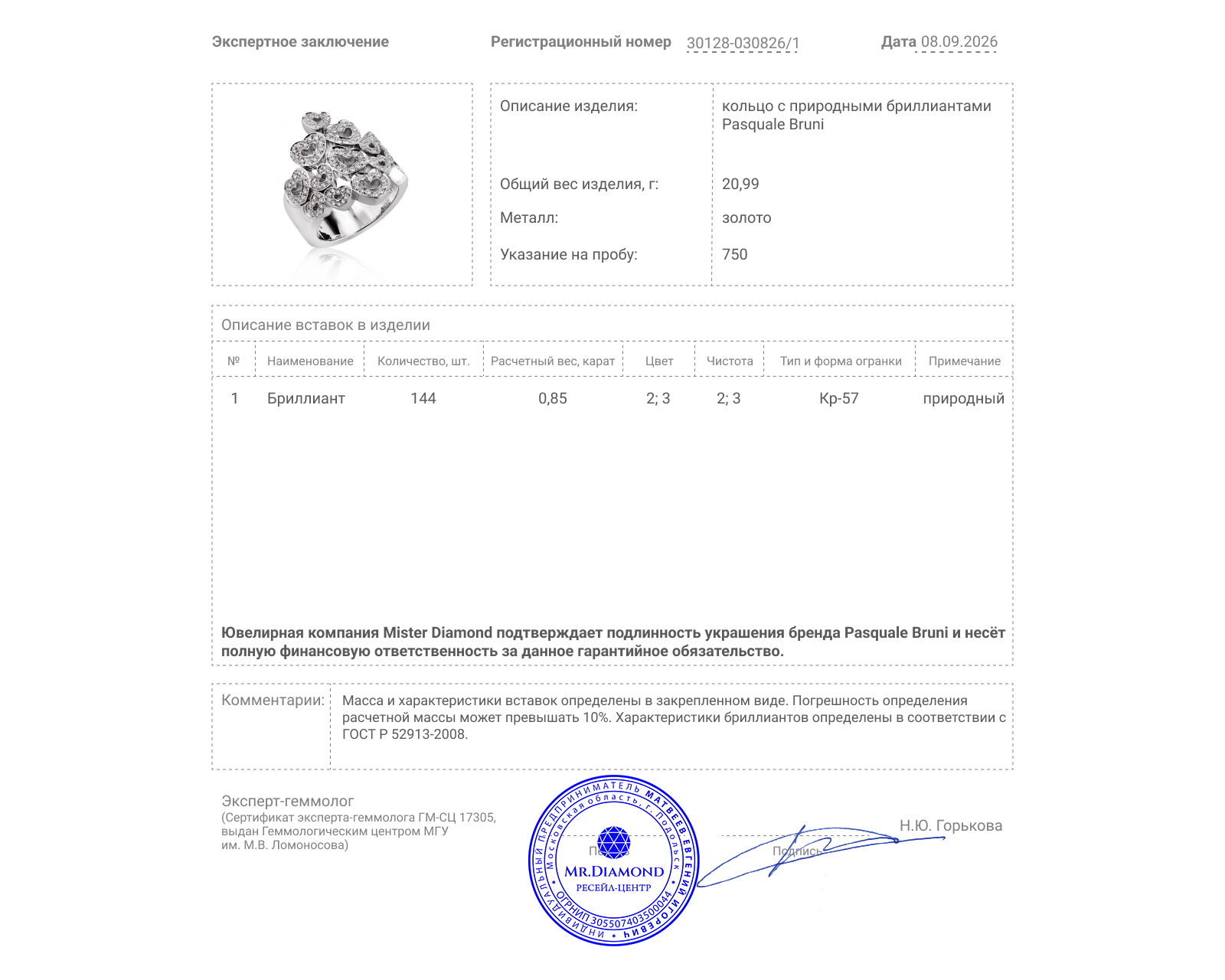 Оригинальное золотое кольцо с бриллиантами 0.85ct Pasquale Bruni Amore