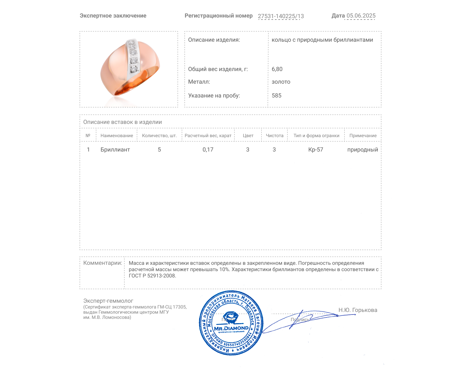 Золотое кольцо с бриллиантами 0.17ct