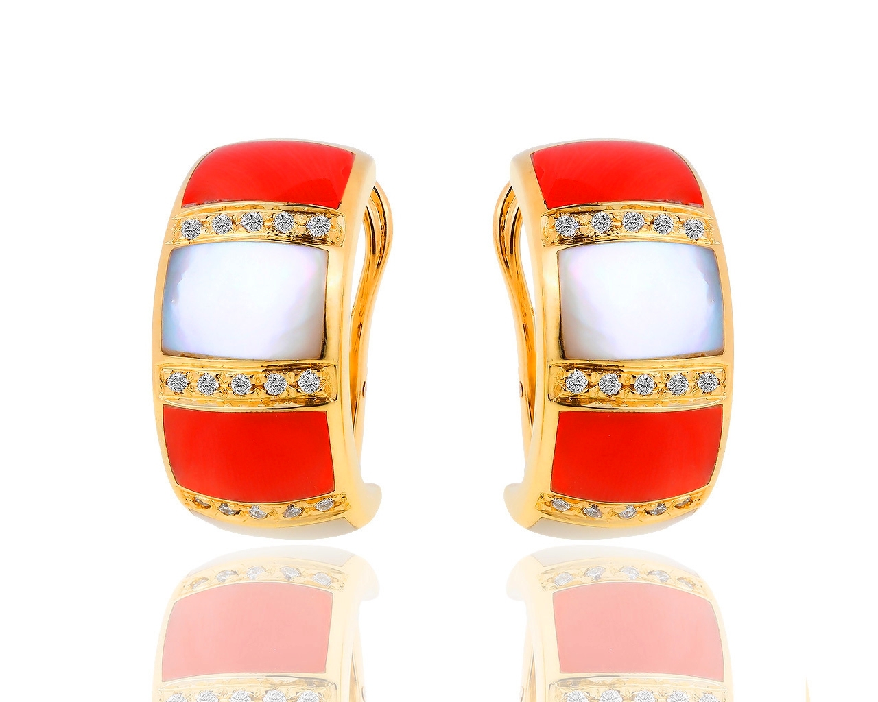 Итальянские золотые серьги с кораллами и бриллиантами 0.20ct 280119/25 Итальянские золотые серьги с кораллами и бриллиантами 0.20ct 280119/25