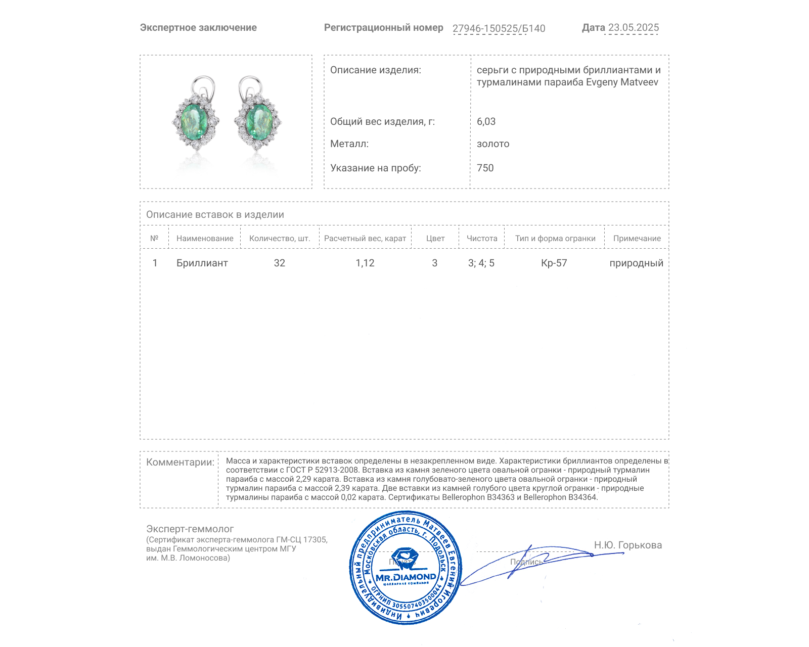 Золотые серьги с турмалинами параиба 4.70ct Evgeny Matveev
