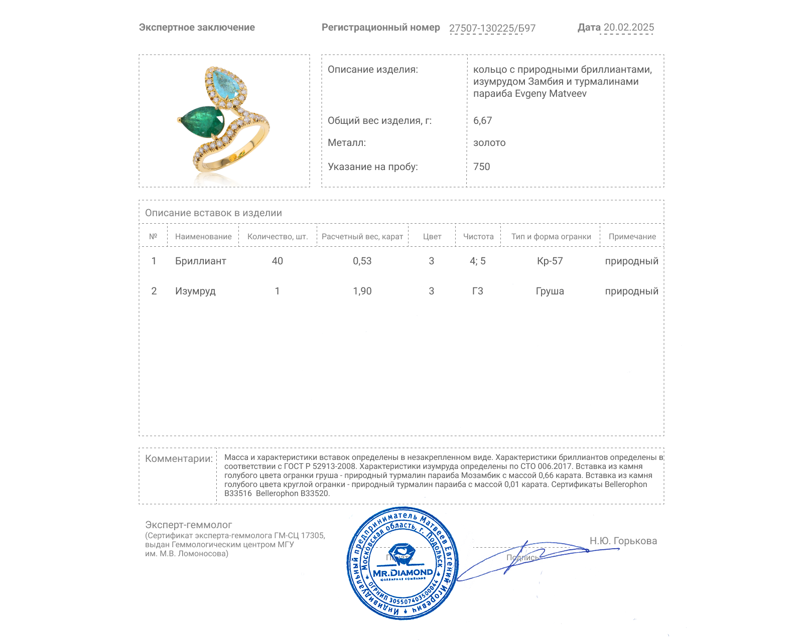Золотое кольцо с изумрудом Замбия 1.90ct Evgeny Matveev