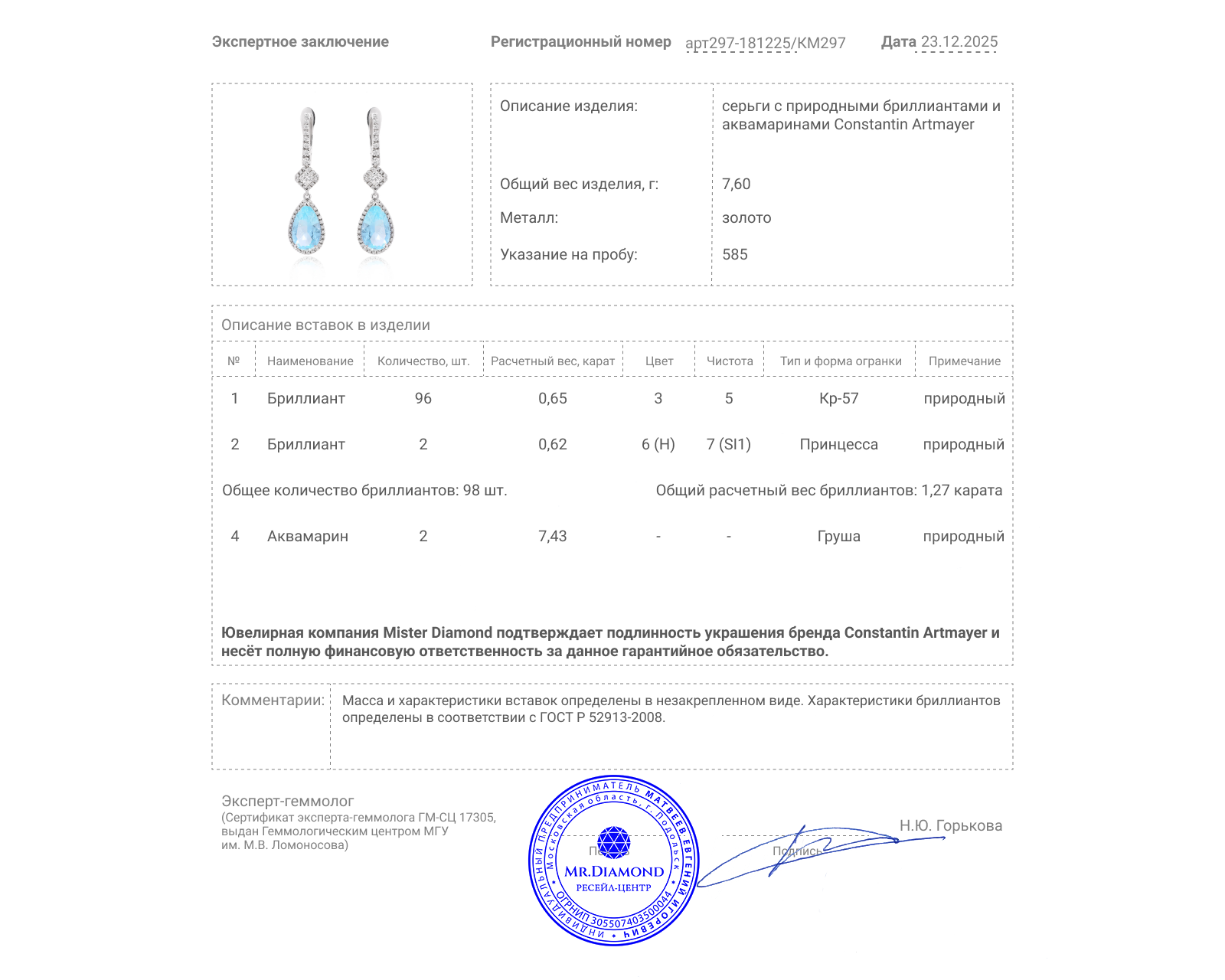 Оригинальные золотые серьги с аквамаринами 7.43ct Constantin Artmayer