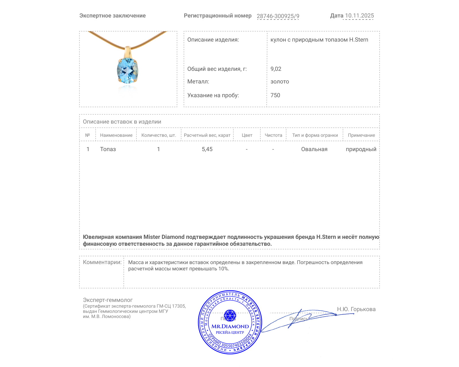 Оригинальный золотой кулон с топазом 5.45ct H.Stern