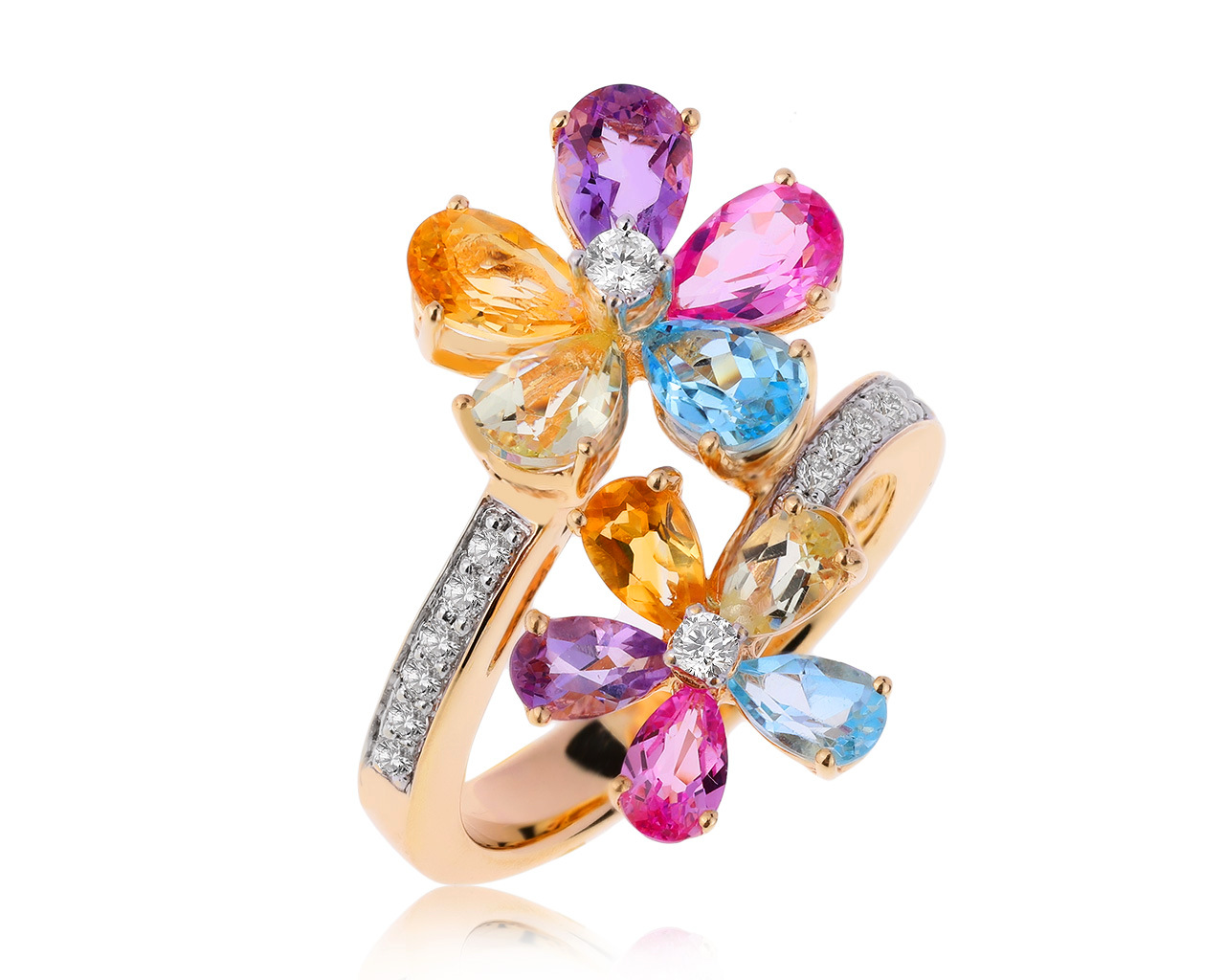 Коктейльное золотое кольцо с цветными камнями 2.25ct