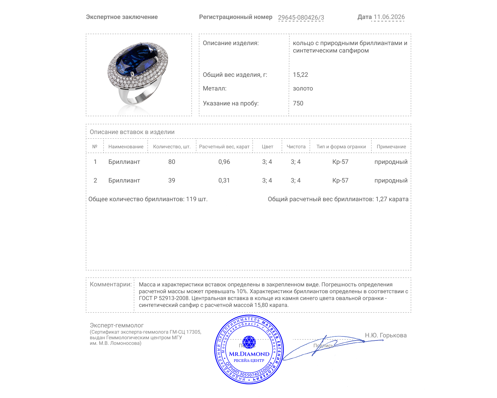 Золотое кольцо с сапфиром 15.80ct и бриллиантами 1.27ct