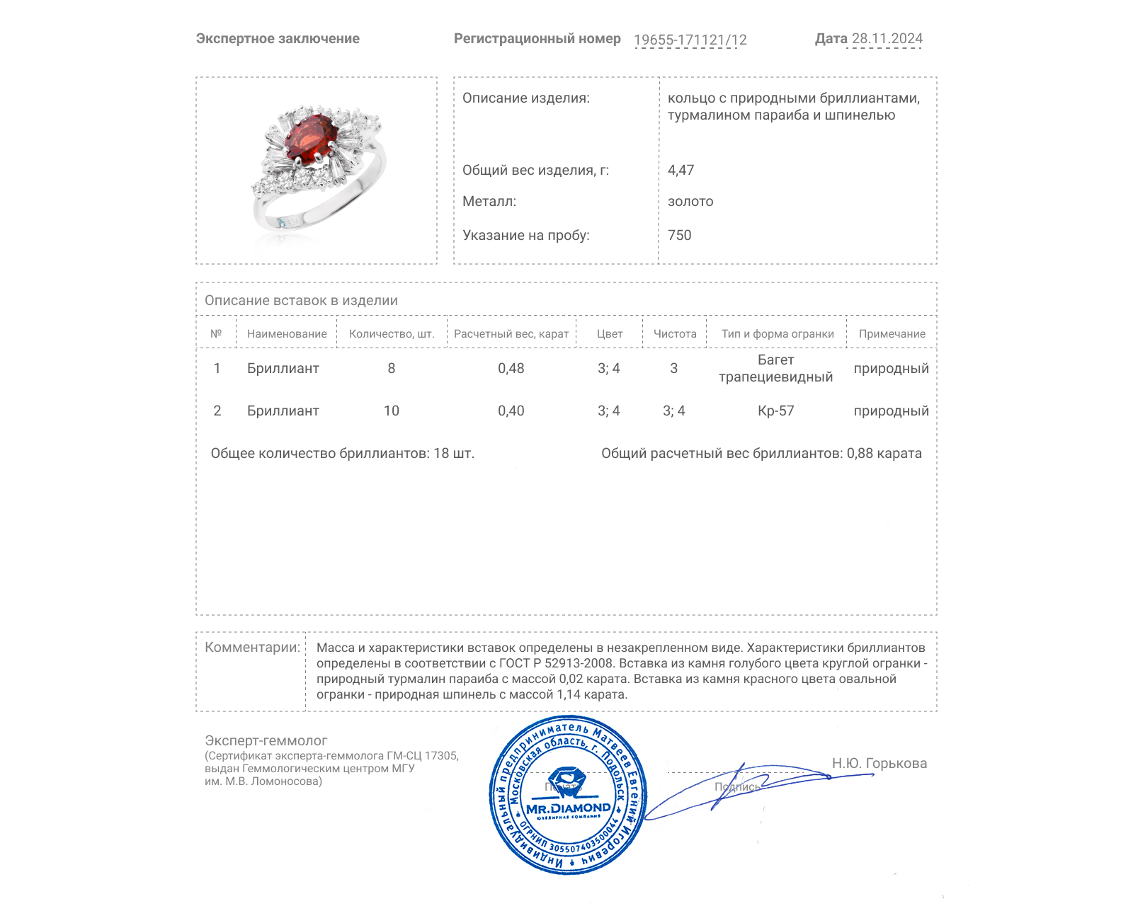 Золотое кольцо со шпинелью 1.14ct и бриллиантами 0.88ct Evgeny Matveev