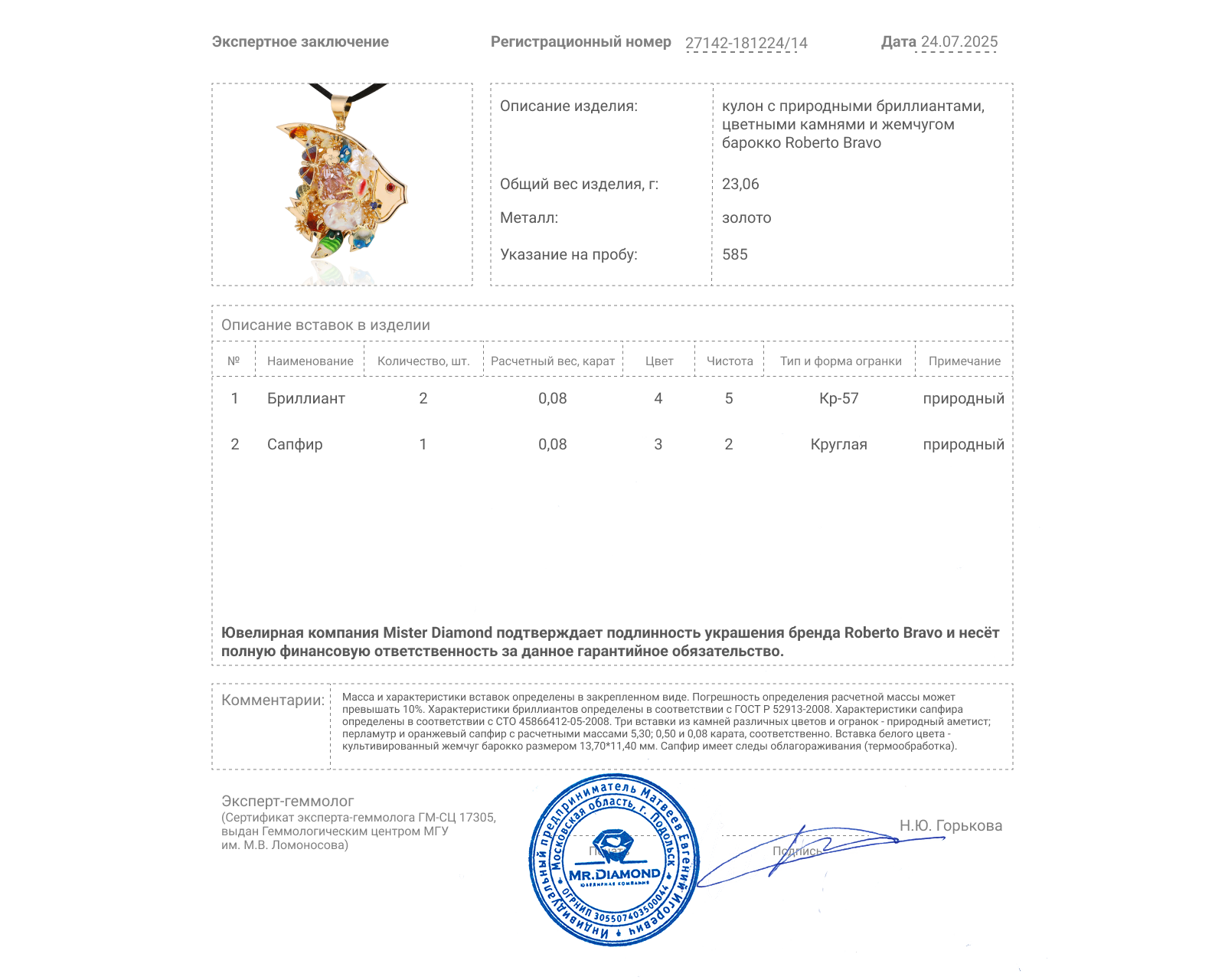 Оригинальный золотой кулон Roberto Bravo Noahs Ark