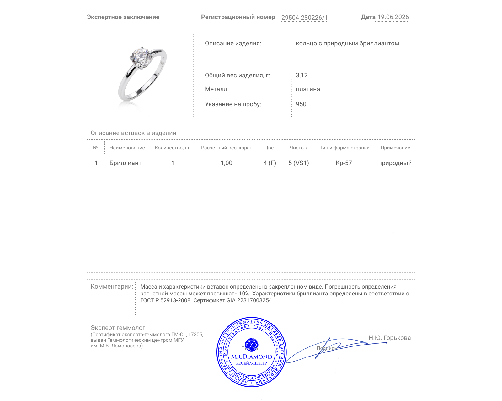 Платиновое кольцо с бриллиантом 1.00ct