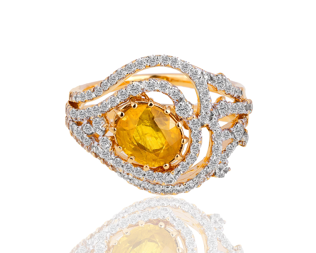 Золотое кольцо с желтым сапфиром и бриллиантами 0.73ct