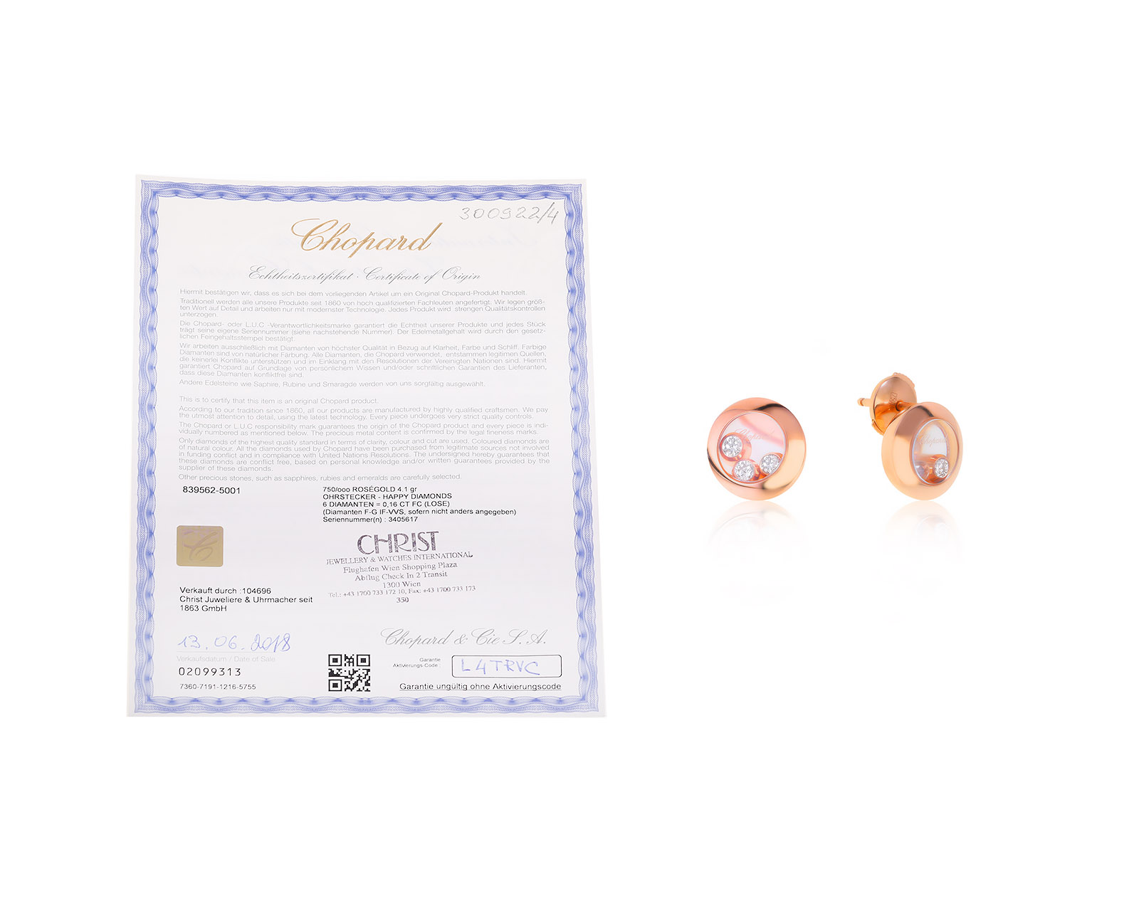 Оригинальные золотые серьги Chopard Happy Diamonds