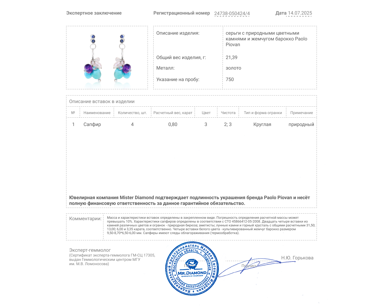 Оригинальные золотые серьги с цветными камнями 54.65ct Paolo Piovan