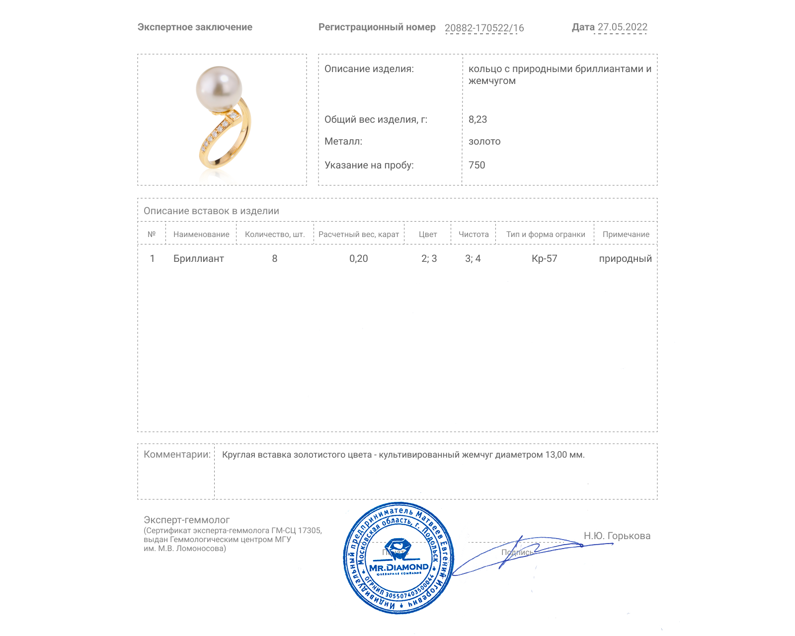 Изысканное золотое кольцо с жемчугом 13.00 мм