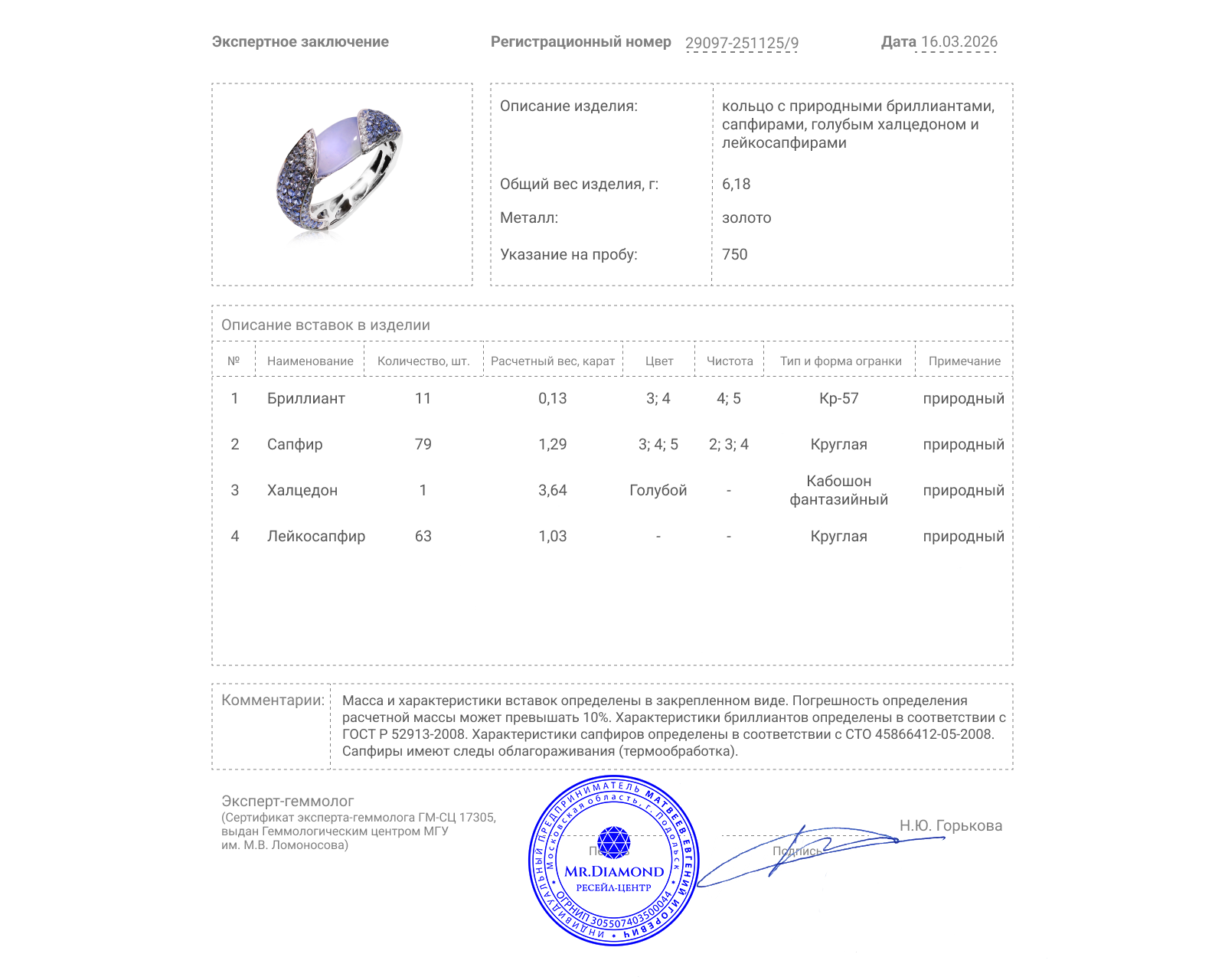 Золотое кольцо с халцедоном 3.64ct и сапфирами 1.29ct