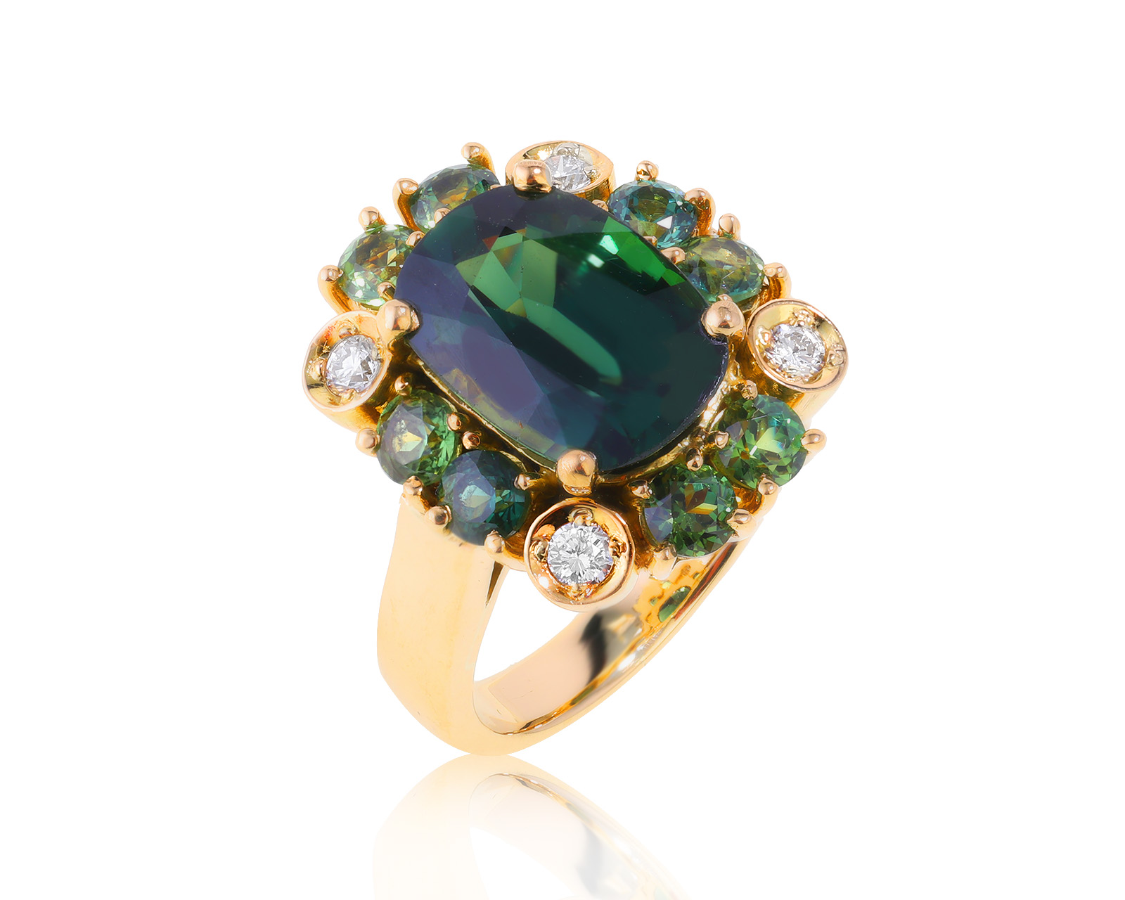 Эстетичное золотое кольцо с зелеными сапфирами 7.40ct